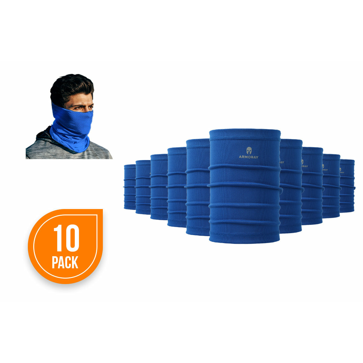 Ten blue ARMORAY Basics PERFORMANCE TEK BANDANAS arranged in rows, featuring an inset of someone wearing one and a "10 Pack" orange label. Ideal as a sweat-wicking headband or performance bandana for active lifestyles.