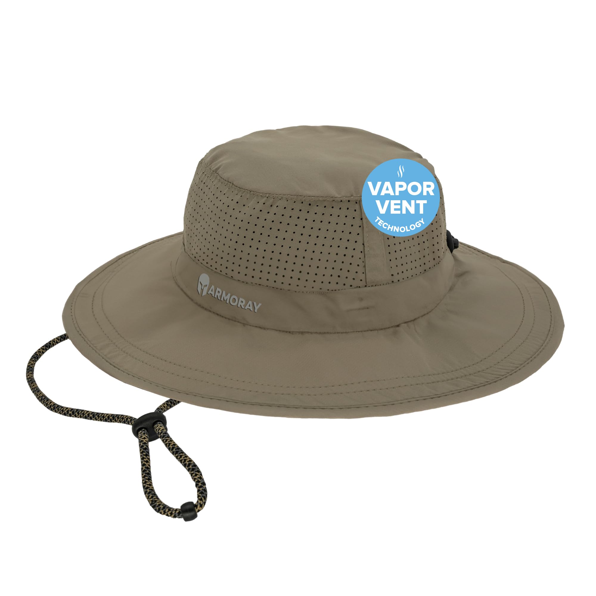 The Armoray® Boonie Hat by ARMORAY features ventilation holes, a chin strap, and a "Vapor Vent Technology" label for breathable comfort and sun protection—built for sun, sweat, and adventure.