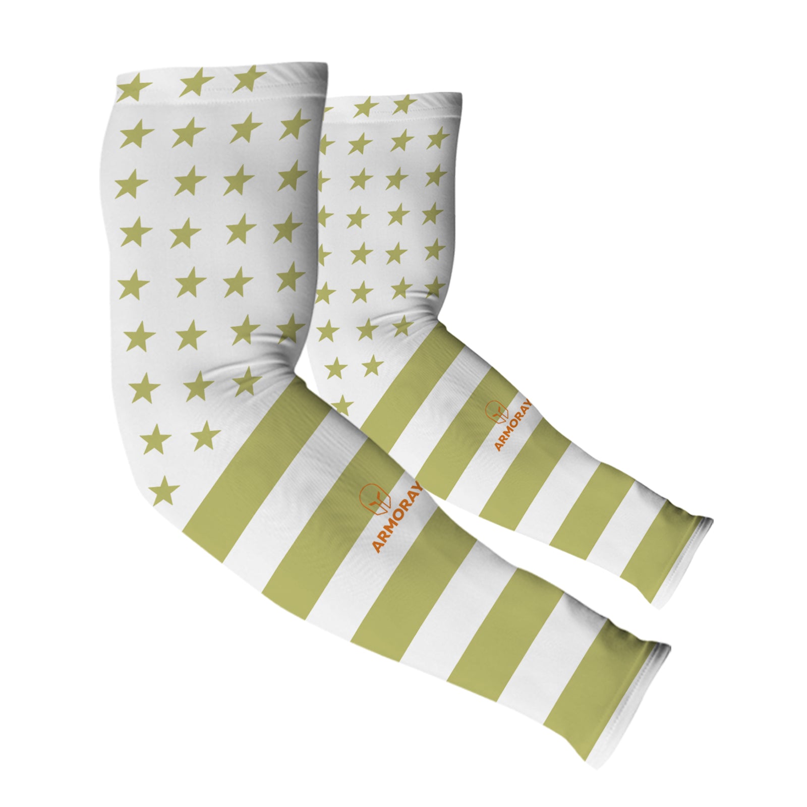 Armoray® Designer Arm Sleeves by ARMORAY Basics: white and light green with stars and stripes, AMORAY logo. These compression sleeves offer UPF 50+ sun protection and stylish comfort for outdoor wear. Available in 35+ bold designs.