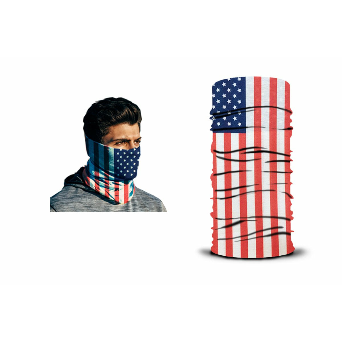 A man wears an ARMORAY Armoray® Bandana — Designed for the Outdoors, showcasing an American flag pattern; beside him is a close-up of the same rugged, sweat-resistant bandana with stars and stripes.