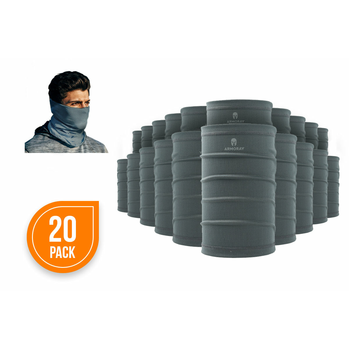 The ARMORAY Basics PERFORMANCE TEK BANDANA 20-pack is displayed in gray, with an inset showing a person using it as a face and neck covering. An orange "20 Pack" label highlights the quantity.