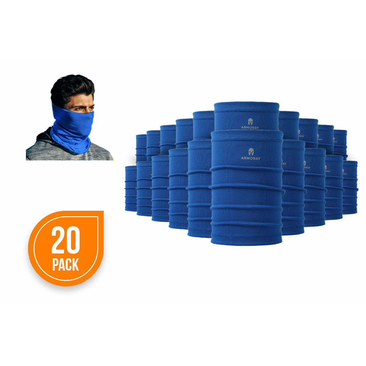 A 20-pack of ARMORAY Basics PERFORMANCE TEK BANDANA in blue, shown worn as a face and neck covering. Also functions well as a performance bandana or sweat-wicking headband for versatile use.