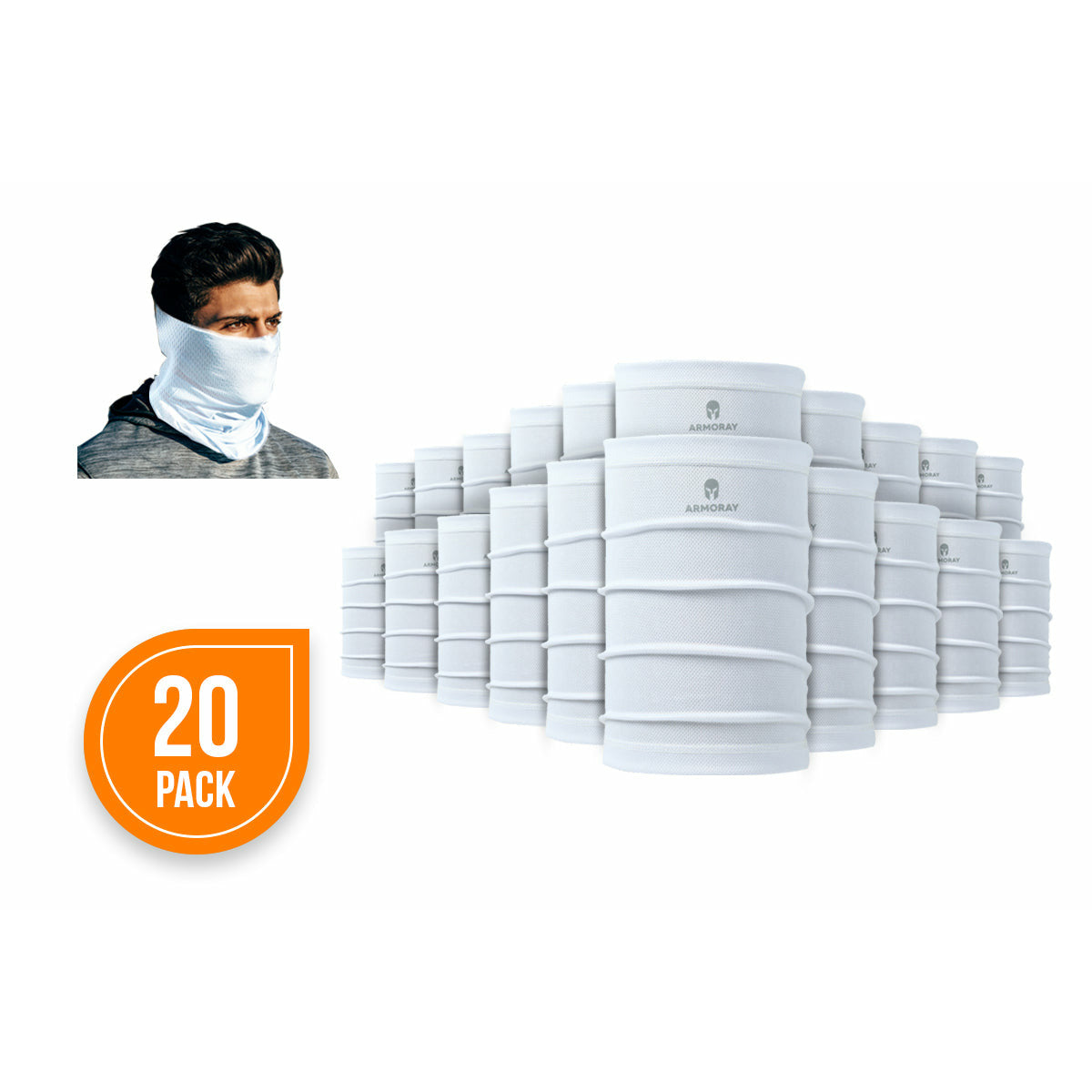 A set of 20 white ARMORAY Basics PERFORMANCE TEK BANDANAS is shown, with an inset photo of a person wearing one over the lower face and neck. These versatile bandanas also function as sweat-wicking headbands or performance wear.