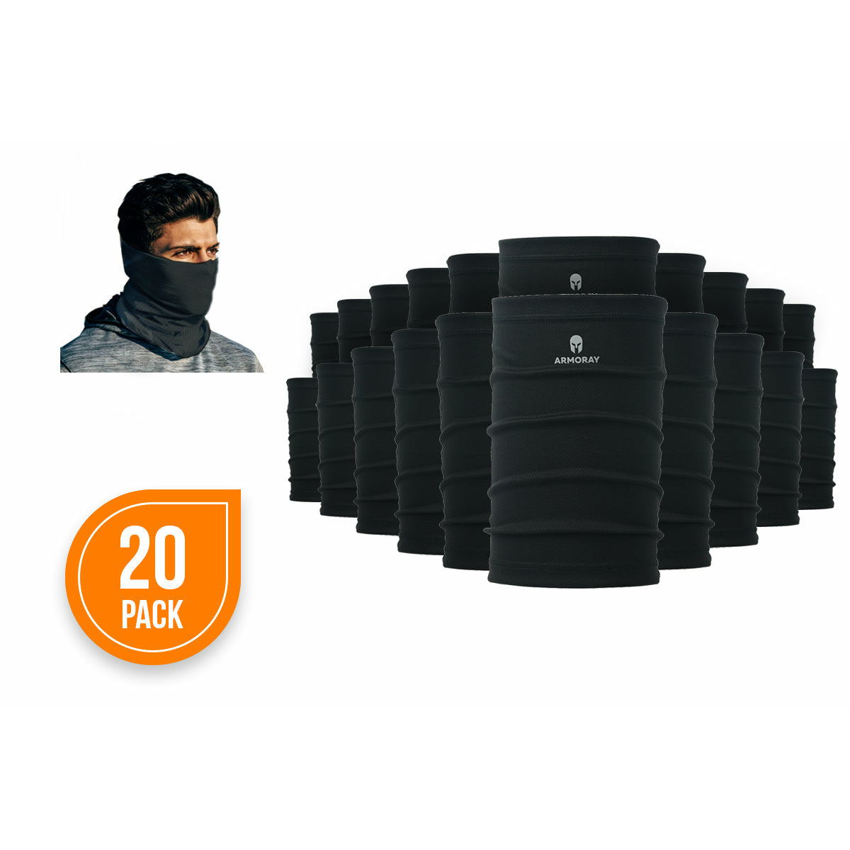 A 20-pack of ARMORAY Basics PERFORMANCE TEK BANDANA in black is displayed, with an inset at the top left showing one being worn as a performance bandana.