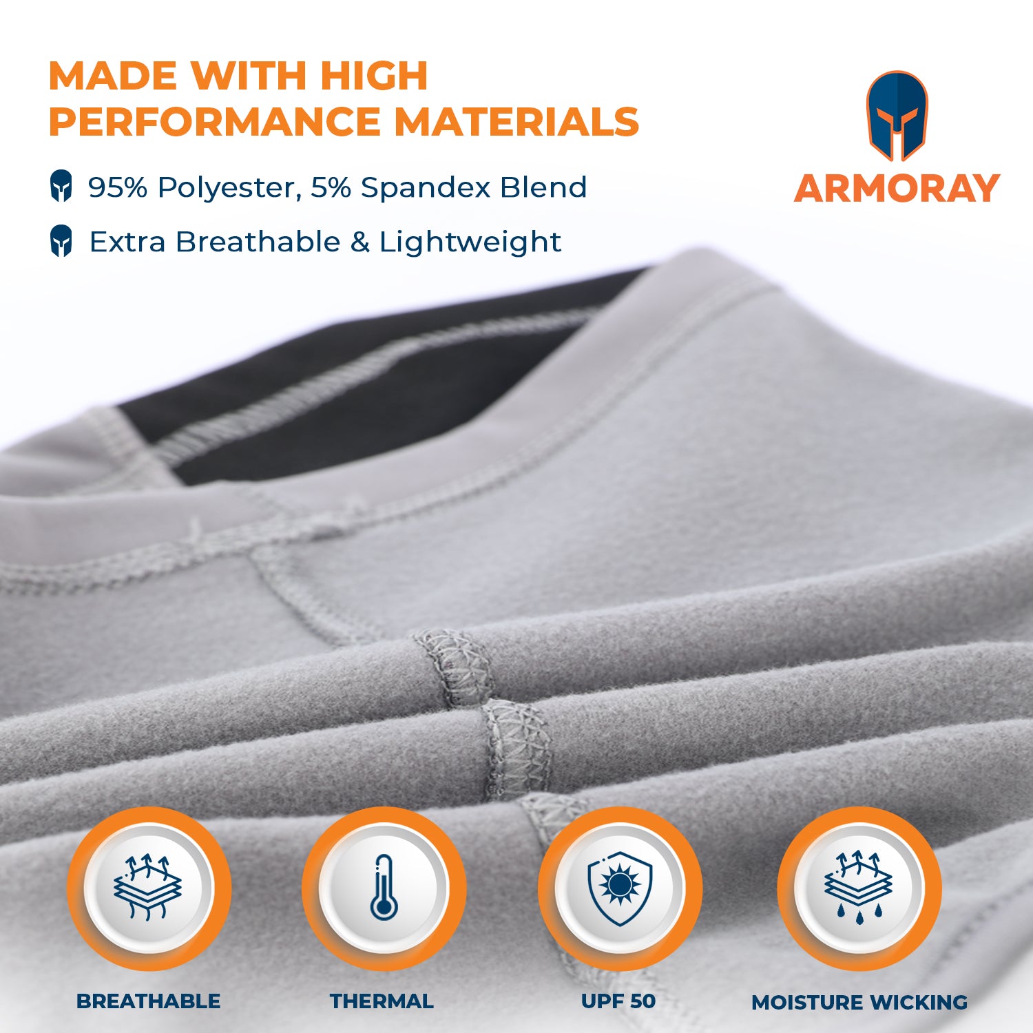 The ARMORAY Basics BALACLAVA features folded gray fabric with visible stitching, made of 95% polyester and 5% spandex. It offers thermal, breathable, moisture-wicking UPF 50 protection—perfect for winter face coverage.
