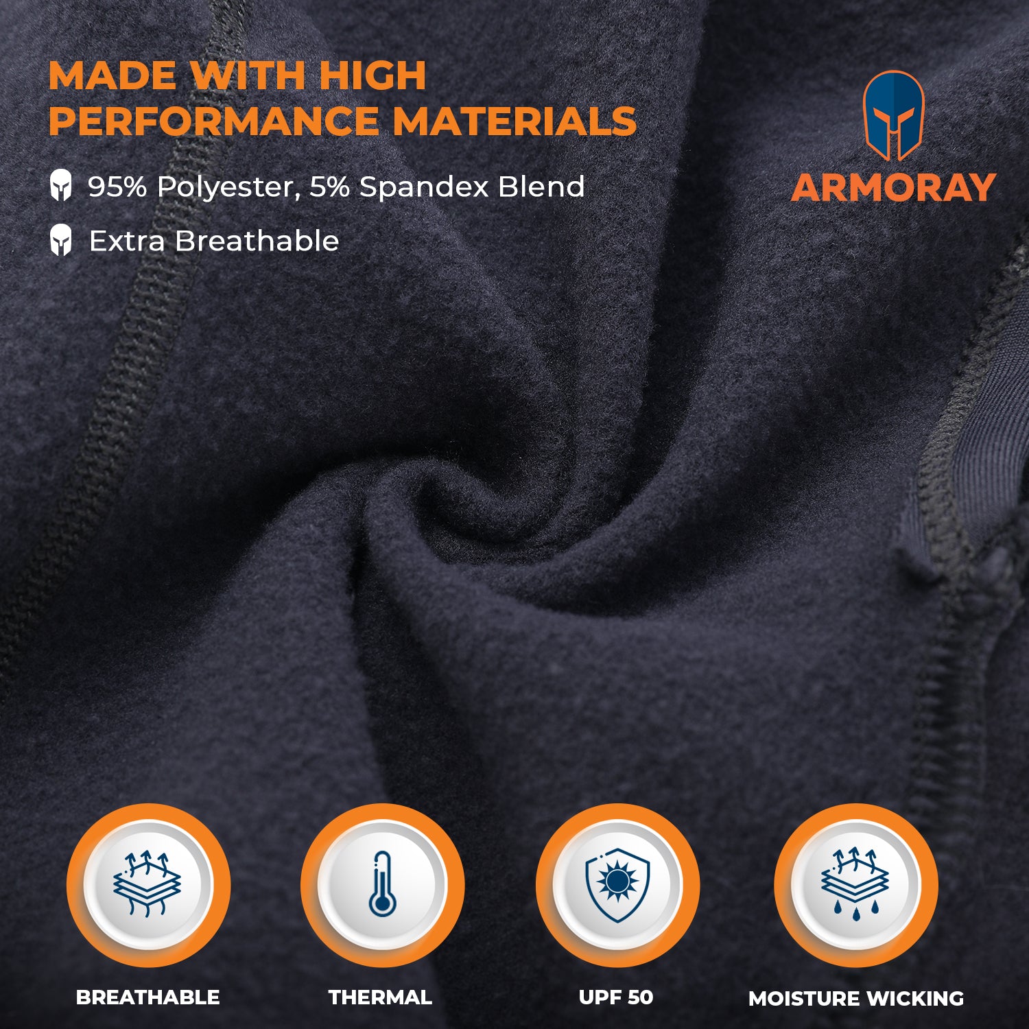 Close-up of ARMORAY Basics BALACLAVA’s dark fabric shows 95% polyester, 5% spandex for extra breathability—ideal for winter face protection. Icons highlight thermal, UPF 50, moisture wicking, and breathability—perfect under a motorcycle helmet.