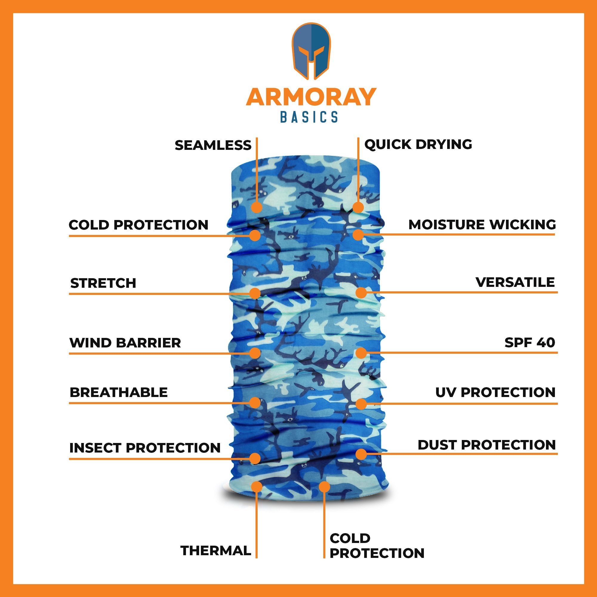 Blue camouflage multifunctional headwear from ARMORAY is displayed with labeled features, including cold, wind, and dust protection, stretchability, thermal insulation, UV protection, breathability, and quick-drying capabilities. Armoray® Bandanas — Designed for the Outdoors — are also sweat-resistant for superior performance in any environment.