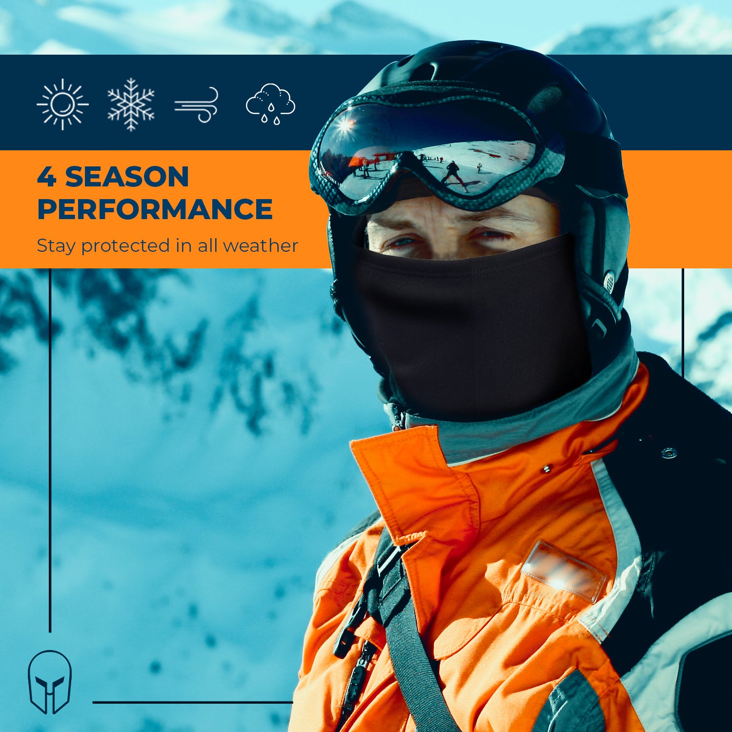 Wearing an ARMORAY Basics BALACLAVA with ski goggles, helmet, and orange winter jacket in snowy mountains. Text: "4 Season Performance: Stay protected in all weather.