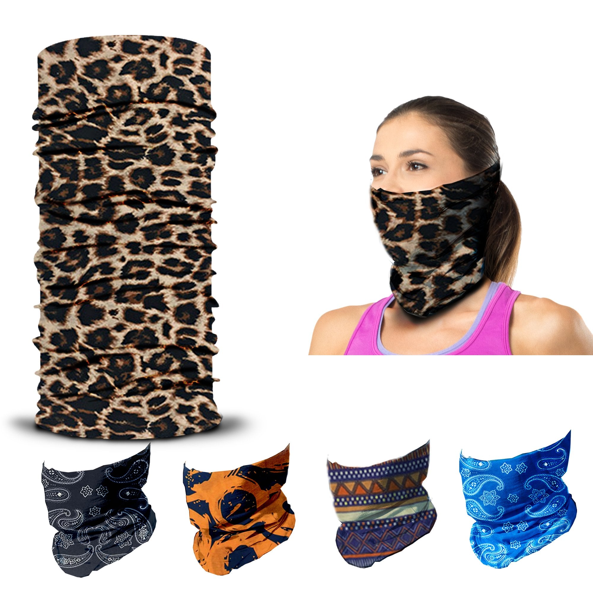 Five patterned Armoray® Bandanas — Designed for the Outdoors by ARMORAY are shown, with one worn by a woman. The sweat-resistant designs featured include leopard print, rugged classic-style bandanas, orange and black patterns, geometric motifs, and blue patterns.