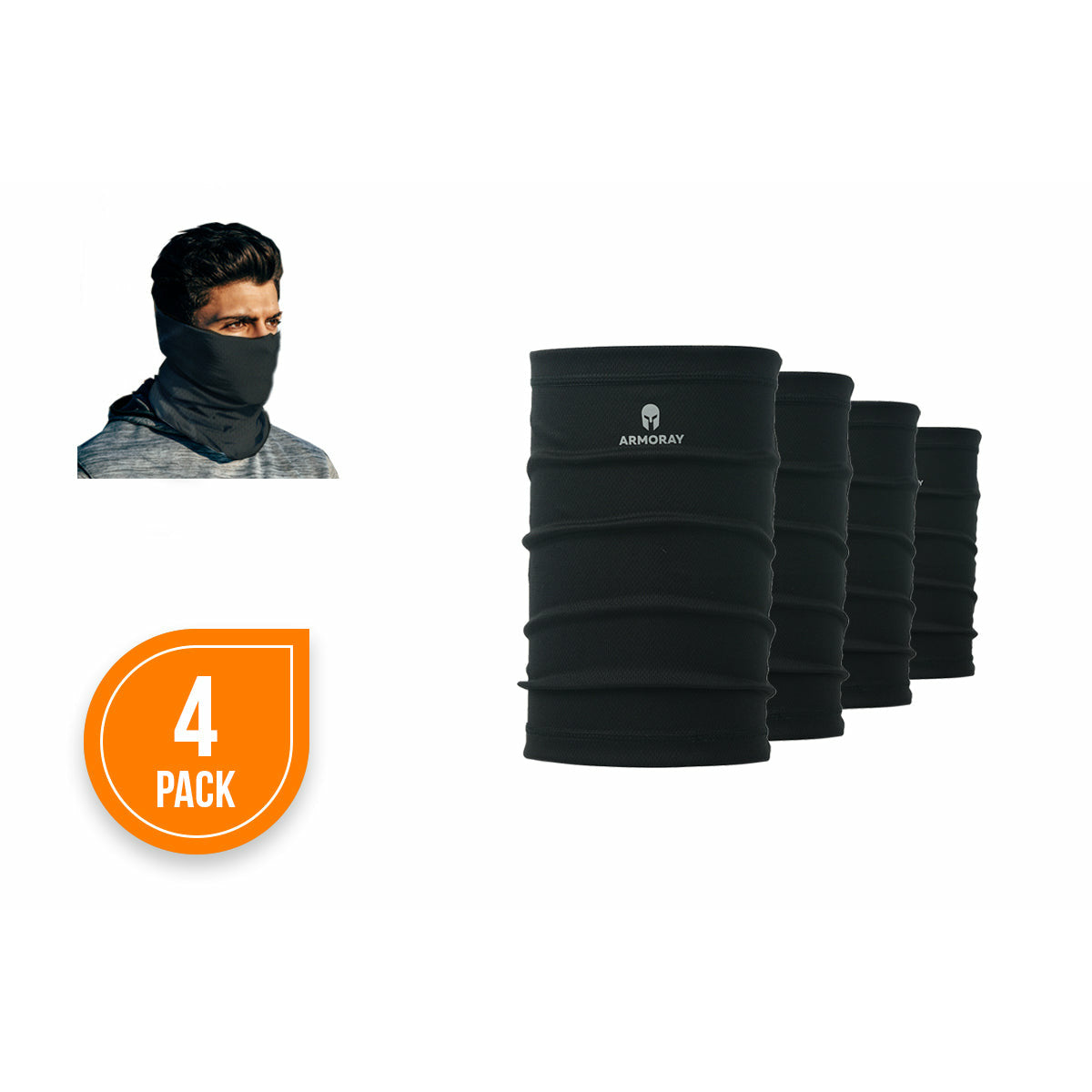 Four black PERFORMANCE TEK BANDANAS from ARMORAY Basics are shown, one worn around the neck and face. An orange label marks this as a 4-pack—ideal for sweat-wicking use as a headband or performance bandana.