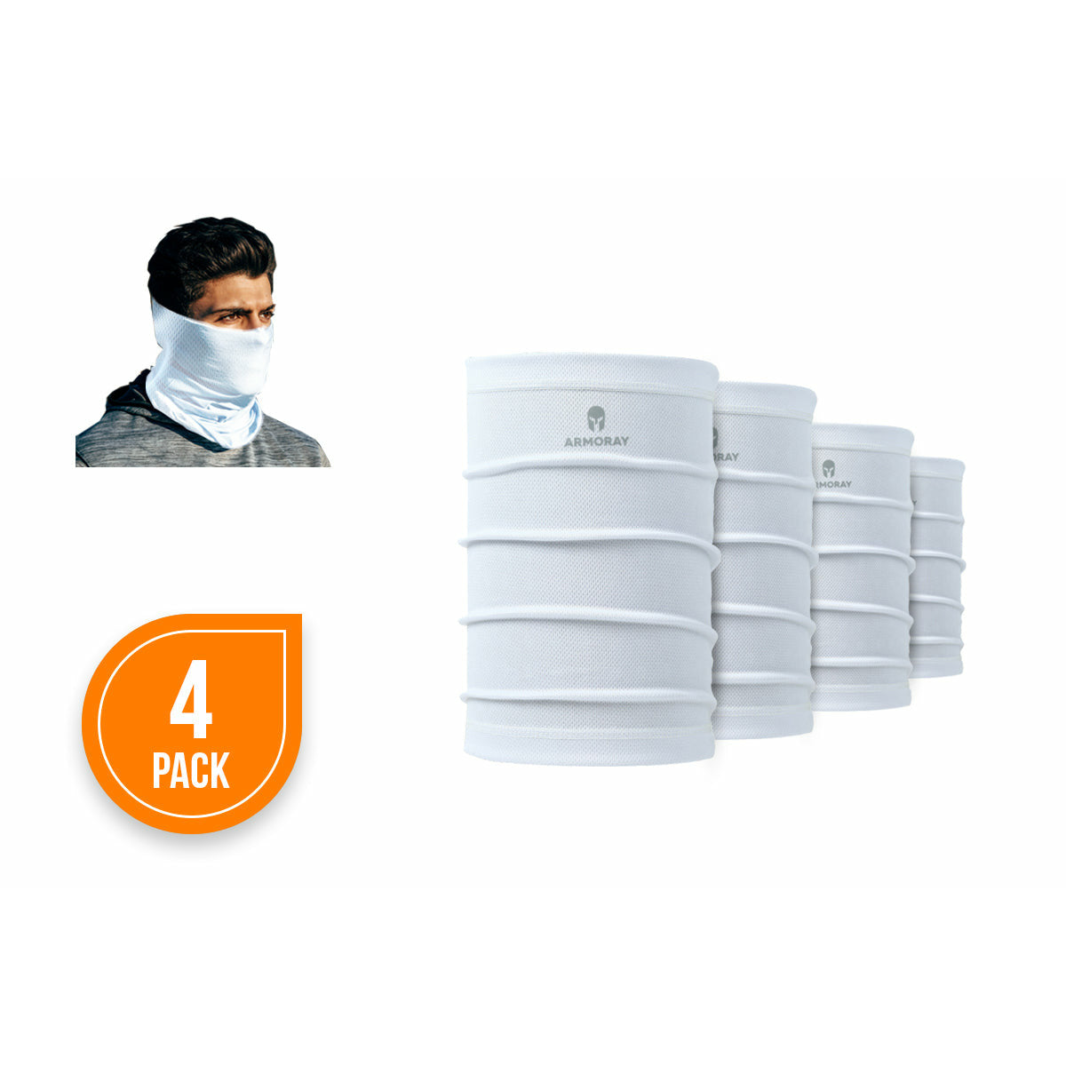 Four ARMORAY Basics PERFORMANCE TEK BANDANA white gaiter face masks are displayed, including a small image of someone wearing one and a "4-pack" label.