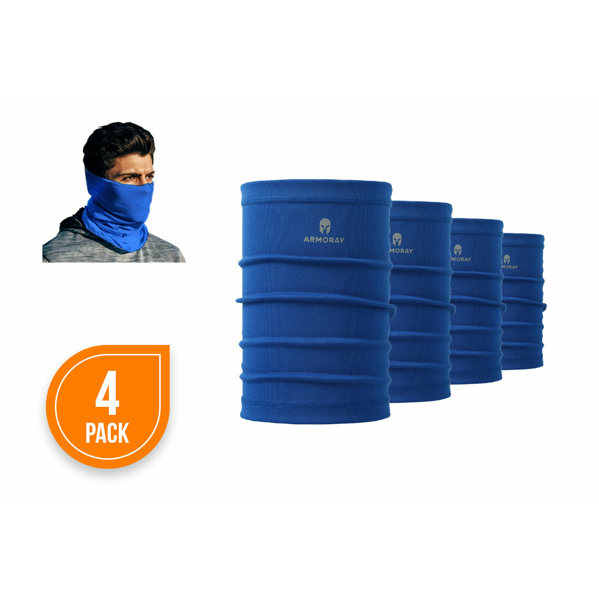 Four blue ARMORAY Basics PERFORMANCE TEK BANDANAs are shown, serving as face masks or performance bandanas, with a small person wearing one and an orange "4 pack" label.