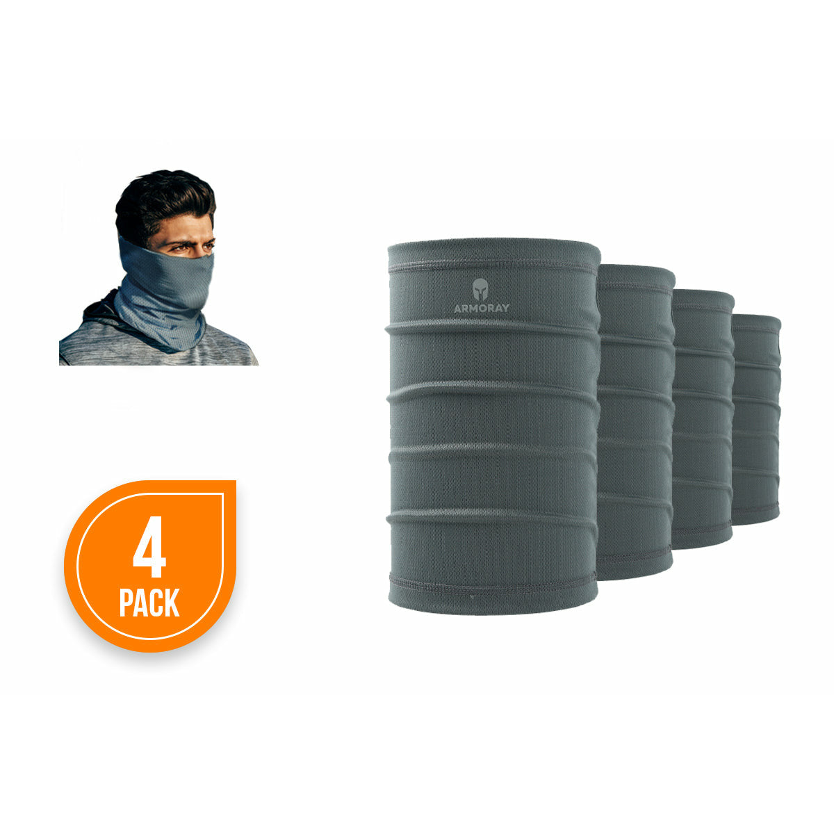 Four gray ARMORAY Basics PERFORMANCE TEK BANDANAS appear by a "4 Pack" label; an inset features someone wearing this sweat-wicking bandana over their neck, mouth, and nose for versatile comfort.