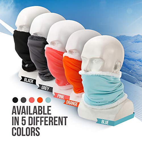 Five white mannequin heads display the ARMORAY FLEECE WINTER NECK WARMER by ARMORAY Basics in black, grey, pink, orange, and blue. Text: “Available in 5 different colors.” Snowy background sets a winter vibe.