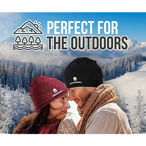 A man and woman wear ARMORAY Basics Armoray Skull Cap - Running Hat Beanies for Men or Women in front of snowy mountains, with "Perfect for the Outdoors" above them.