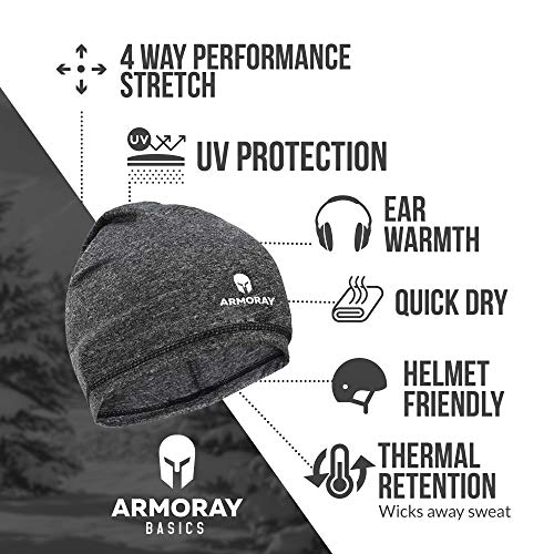 The ARMORAY Basics Armoray Skull Cap is a running hat beanie for men or women featuring 4-way stretch, UV-blocking, ear warmth, sweat wicking, helmet compatibility, quick drying, and thermal retention benefits.