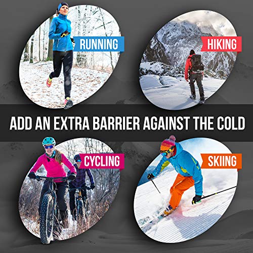 Four labeled images show people running, hiking, cycling, and skiing with the ARMORAY Basics ARMORAY FLEECE WINTER NECK WARMER and the text: “Add an extra barrier against the cold.”.