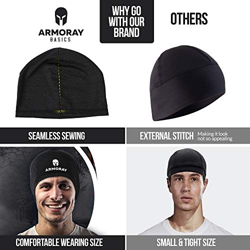 The Armoray Skull Cap by ARMORAY Basics features sweat-wicking fabric, seamless design, and a comfortable fit, while the generic beanie has external stitching, a smaller size, and fits tightly.