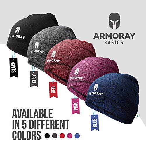 Five ARMORAY Basics Armoray Skull Cap running hat beanies in black, grey, red, pink, and blue are shown with text "Available in 5 different colors." These sweat-wicking skull caps keep you comfortable all day.