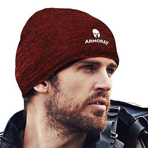 Bearded man in a red ARMORAY Basics Armoray Skull Cap running hat beanie and black jacket, looking to the side.