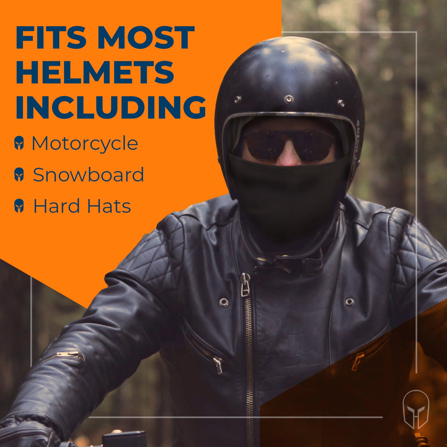 A person in a black leather jacket, helmet, and sunglasses rides a motorcycle. Text: "ARMORAY Basics BALACLAVA – Fits Most Helmets, Including Motorcycle Helmets. Winter Face Protection.