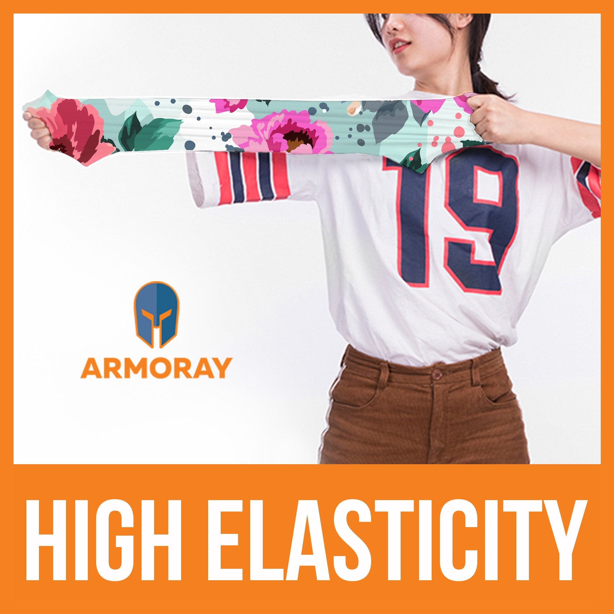 A person stretches a floral-patterned fabric with both hands. The text reads “ARMORAY” and “HIGH ELASTICITY,” showcasing the superior flexibility of Armoray® Bandanas — Designed for the Outdoors. Crafted by ARMORAY, this rugged bandana is sweat resistant and durable, making it ideal for any adventure.