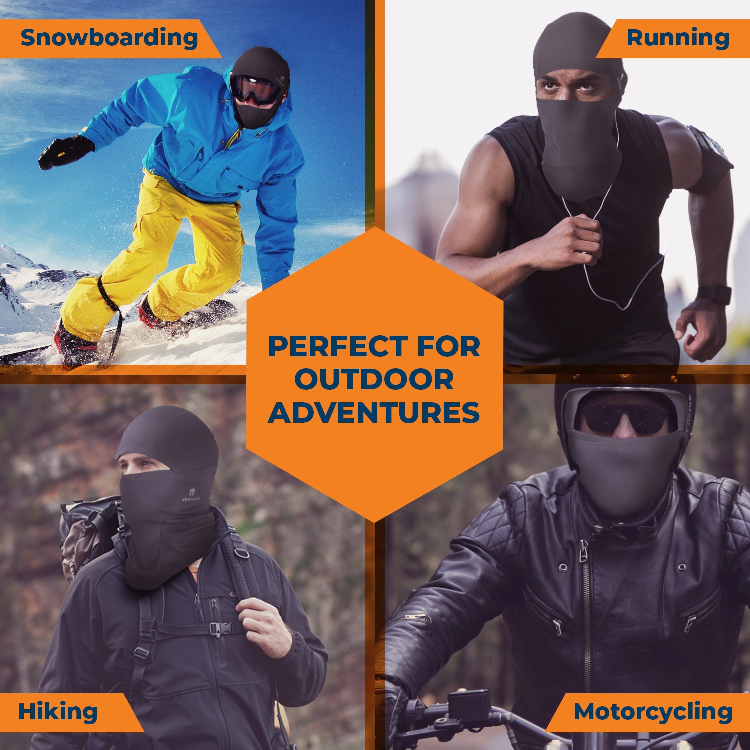 A collage shows people snowboarding, running, hiking, and riding while wearing ARMORAY Basics BALACLAVA—fleece-lined for winter face protection. Text at center reads, "Perfect for Outdoor Adventures.