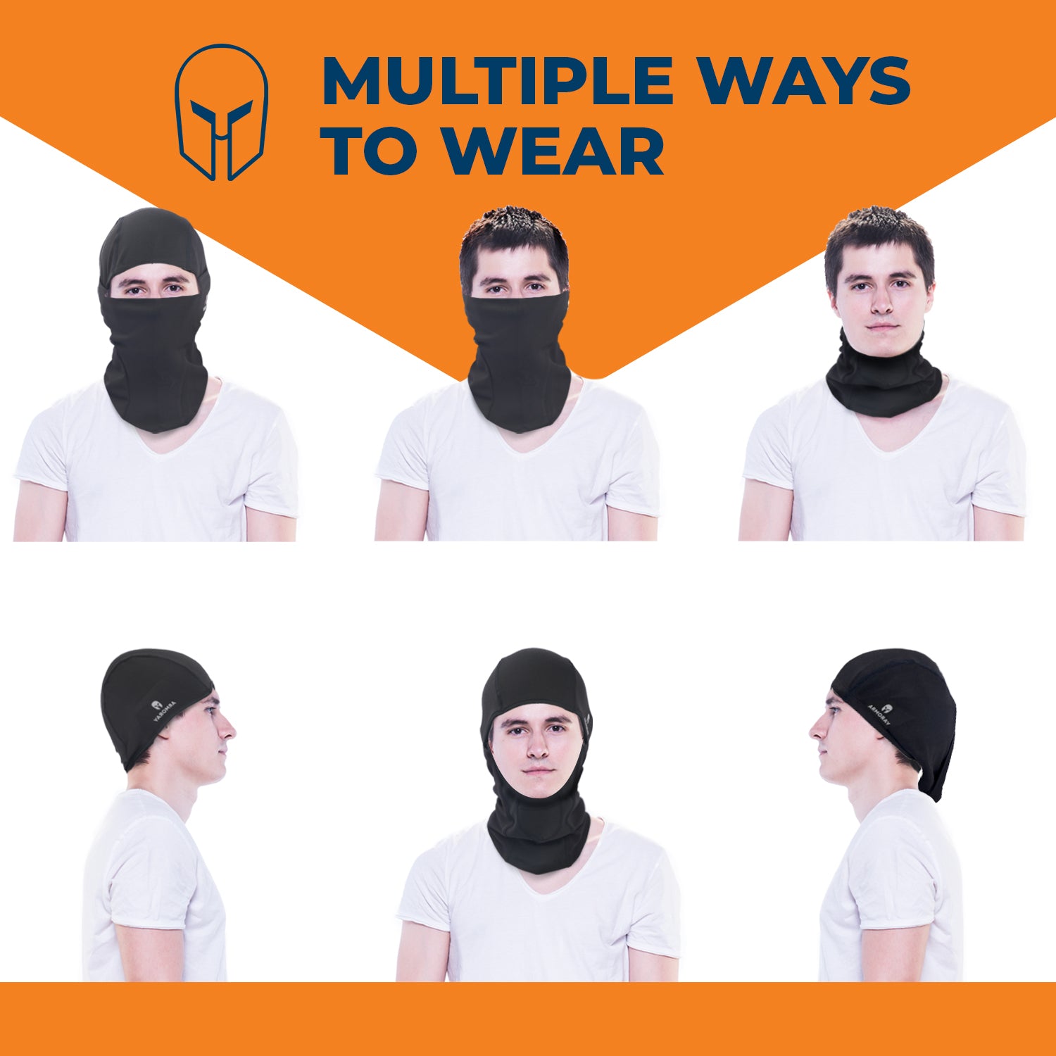 A person shows five ways to wear the ARMORAY Basics BALACLAVA, displayed from front and side views under "Multiple Ways to Wear," emphasizing its versatile fleece-lined winter face protection.