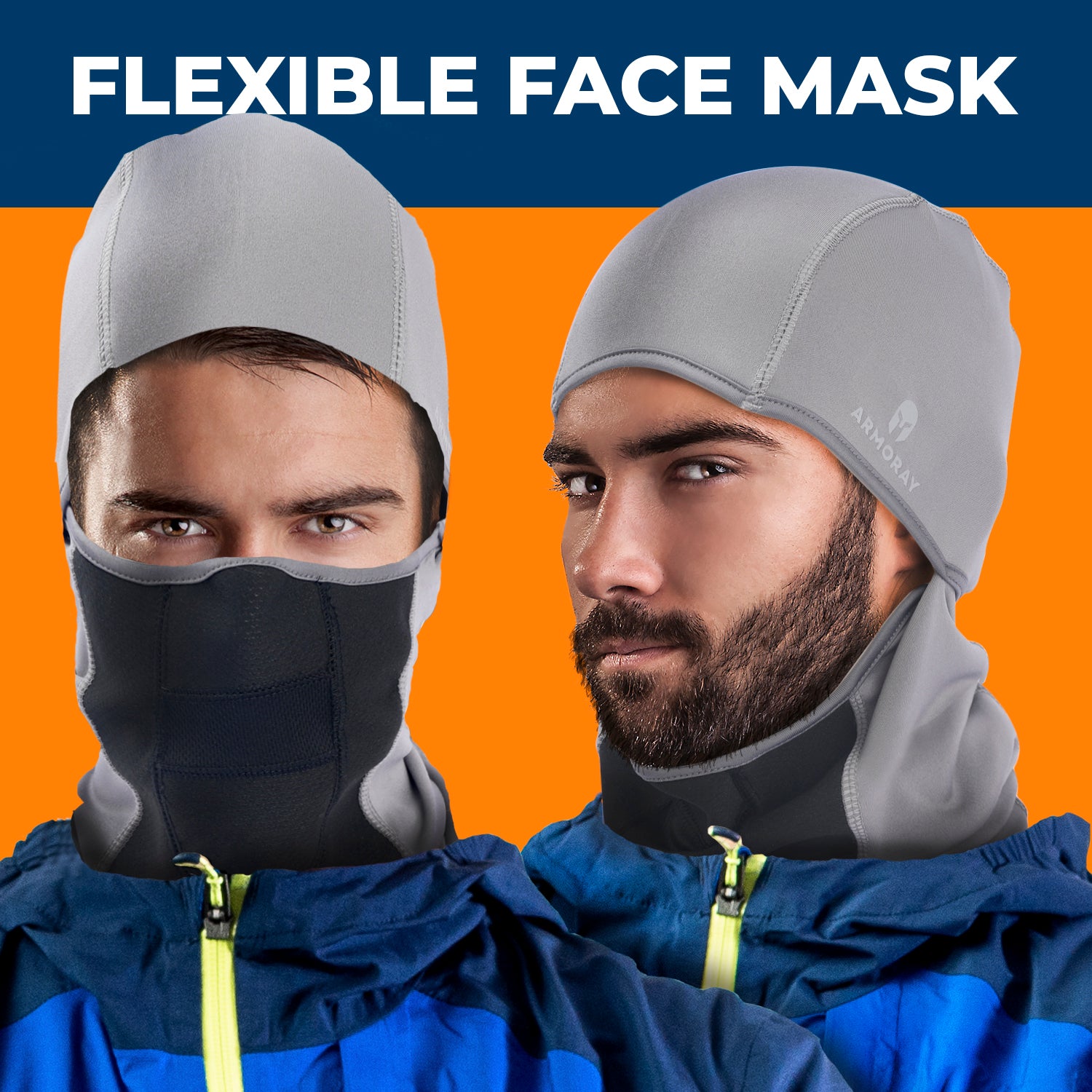 Two men wear ARMORAY Basics BALACLAVA masks and blue jackets; one covers nose and mouth for cold weather protection, the other leaves the face open. Text above says “Flexible Face Mask” on an orange and blue background.