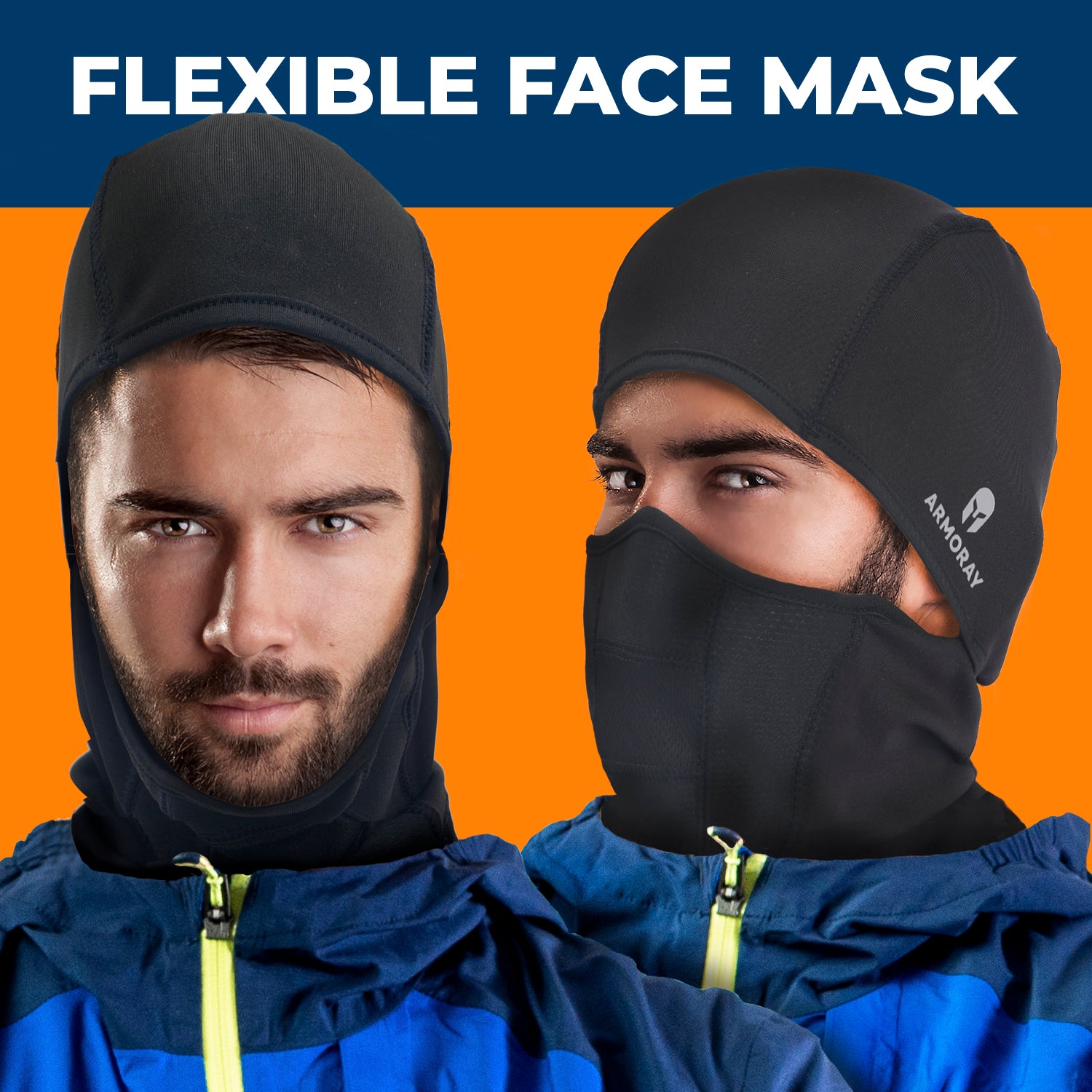 Two men in blue jackets display the ARMORAY Basics BALACLAVA; one shows it open, the other wears it fully for winter face protection. Text: "Flexible Face Mask.