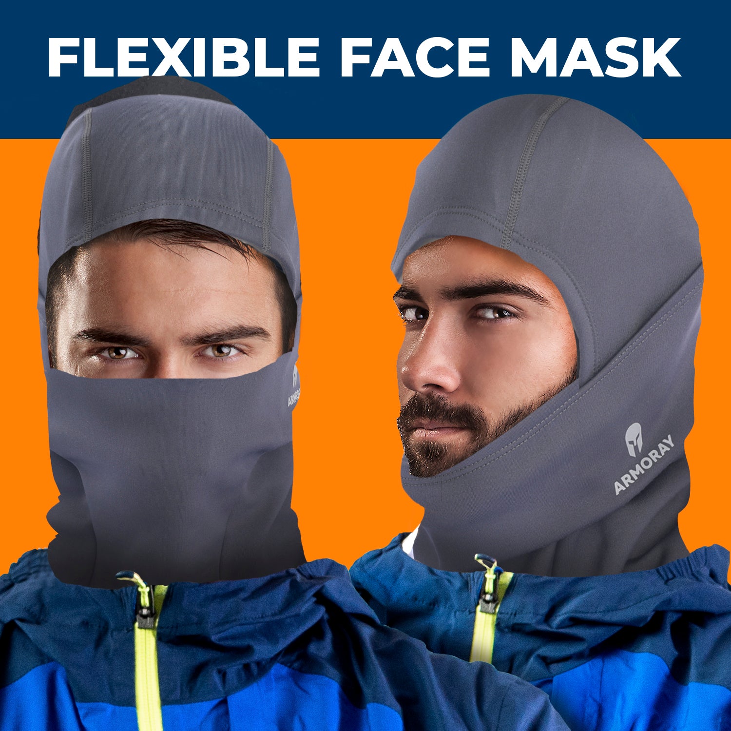 Two men in gray fleece-lined ARMORAY Basics BALACLAVA masks and blue jackets are shown from front and side views, under the text "FLEXIBLE FACE MASK"—ideal for winter face protection.