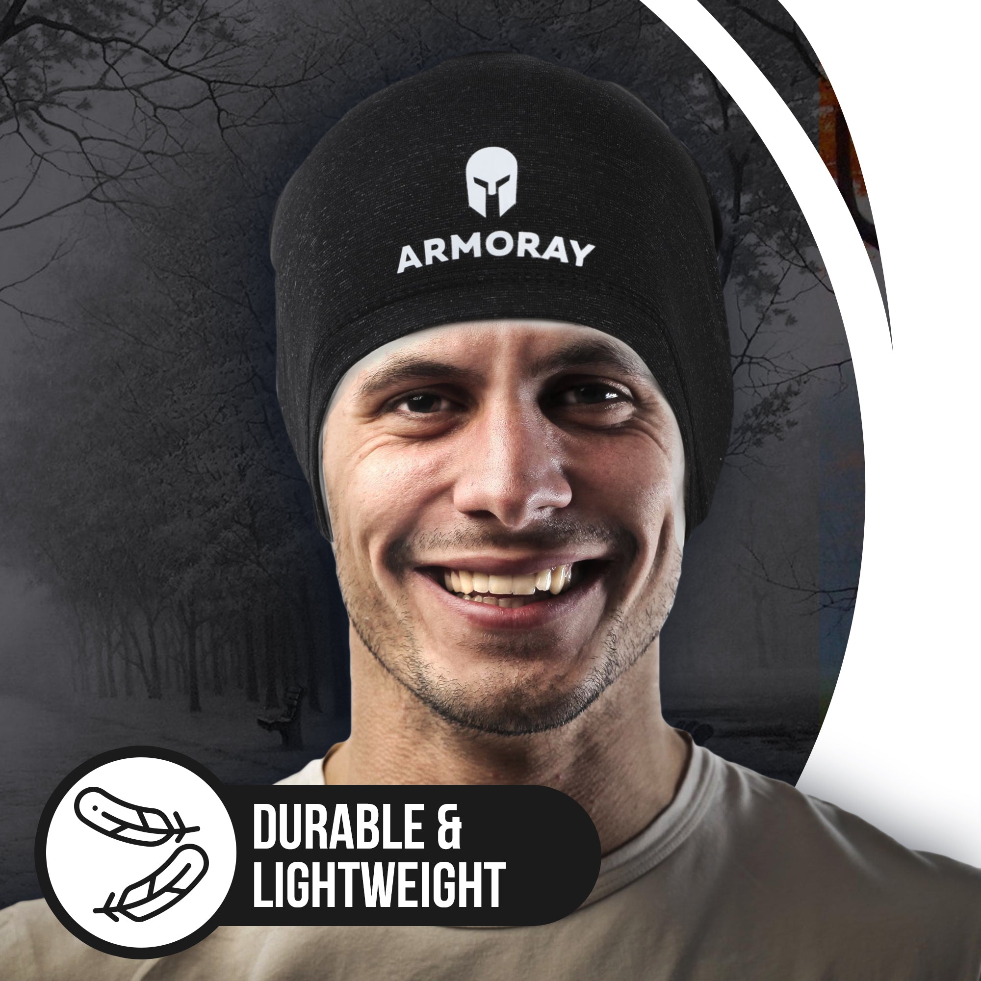 A man smiles at the camera, wearing the Armoray® Performance Skull Cap from ARMORAY Basics. Ideal as a helmet liner or cold-weather skull cap. Text: "Durable & Lightweight" with a feather icon in the corner.