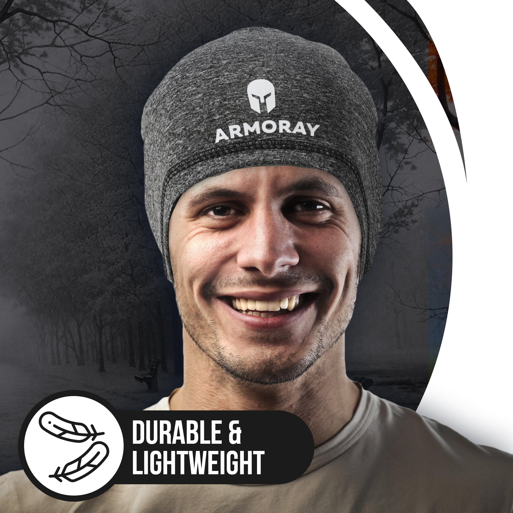 A smiling man wears the Armoray® Performance Skull Cap by ARMORAY Basics—a gray beanie ideal as a helmet liner—while a graphic at bottom left reads "Durable & Lightweight.