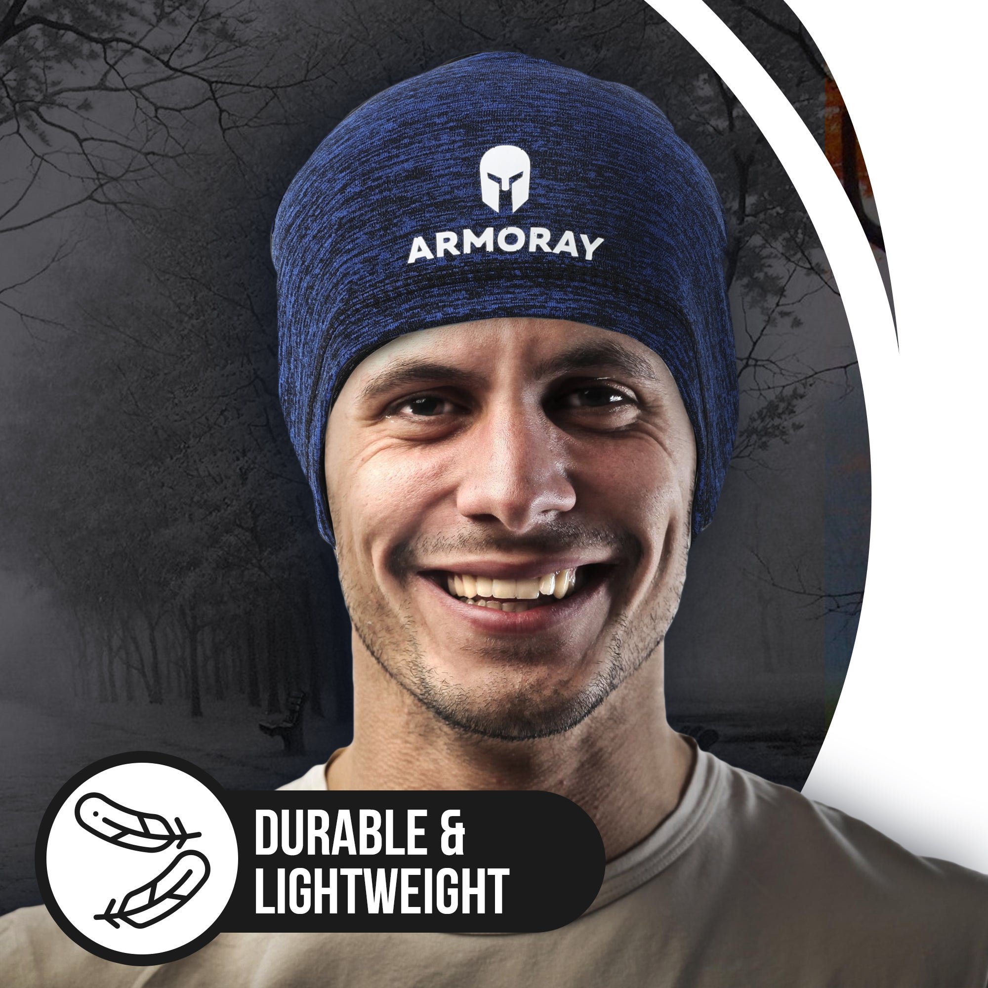 A smiling man wears an Armoray® Performance Skull Cap by ARMORAY Basics; a graphic reads “Durable & Lightweight” with feather icons—ideal as a helmet liner or skull cap for cold weather.