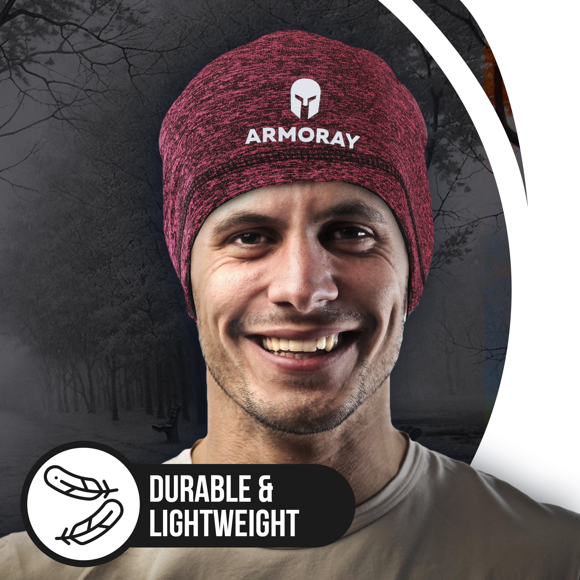 A smiling man wears a red Armoray® Performance Skull Cap by ARMORAY Basics. Text reads “Durable & Lightweight” with a feather icon, highlighting it as the ideal cold-weather cap or helmet liner.