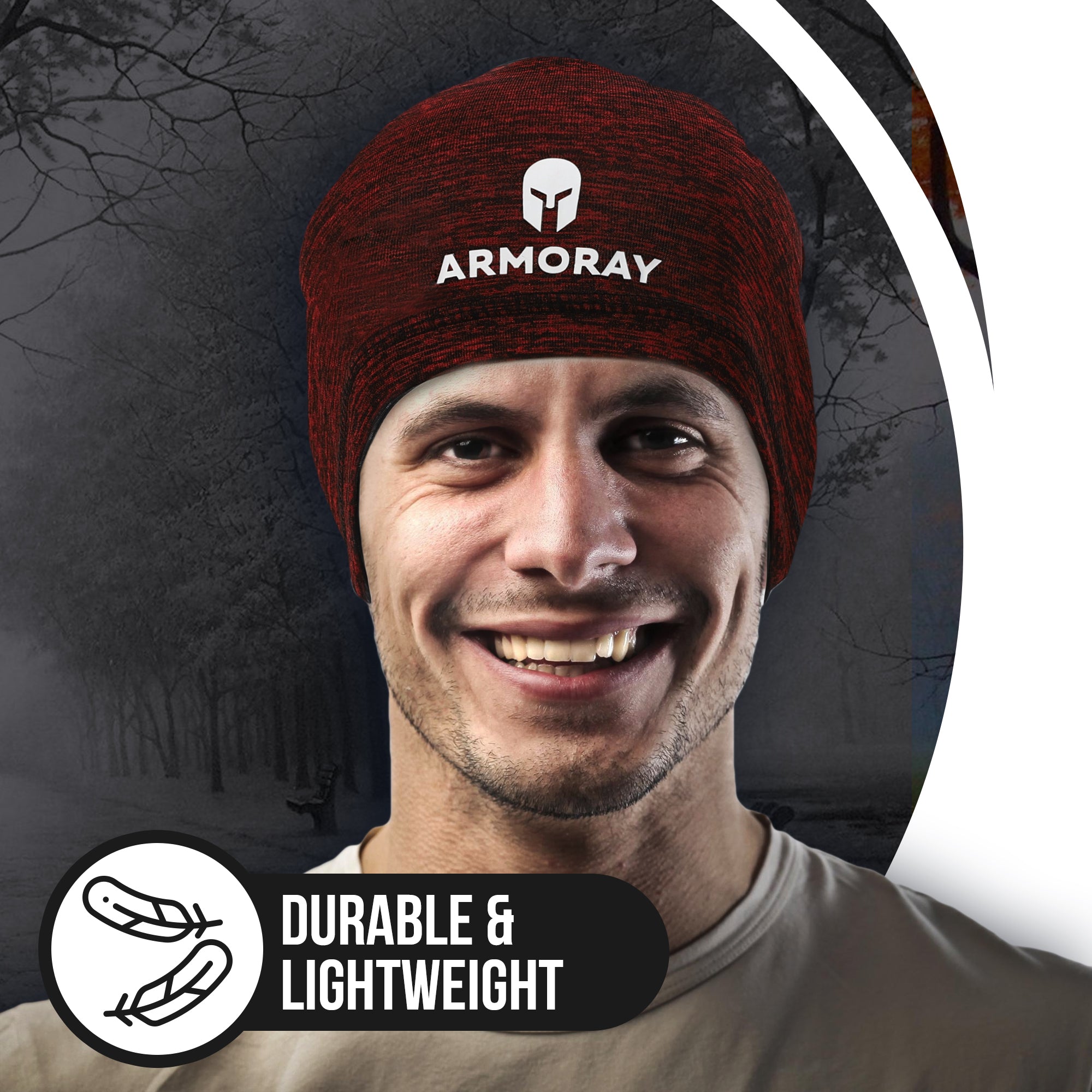 Smiling man wears red Armoray® Performance Skull Cap by ARMORAY Basics; text overlay "Durable & Lightweight" with feather icon, ideal as a skull cap or helmet liner for cold weather, set against a black and white outdoor background.