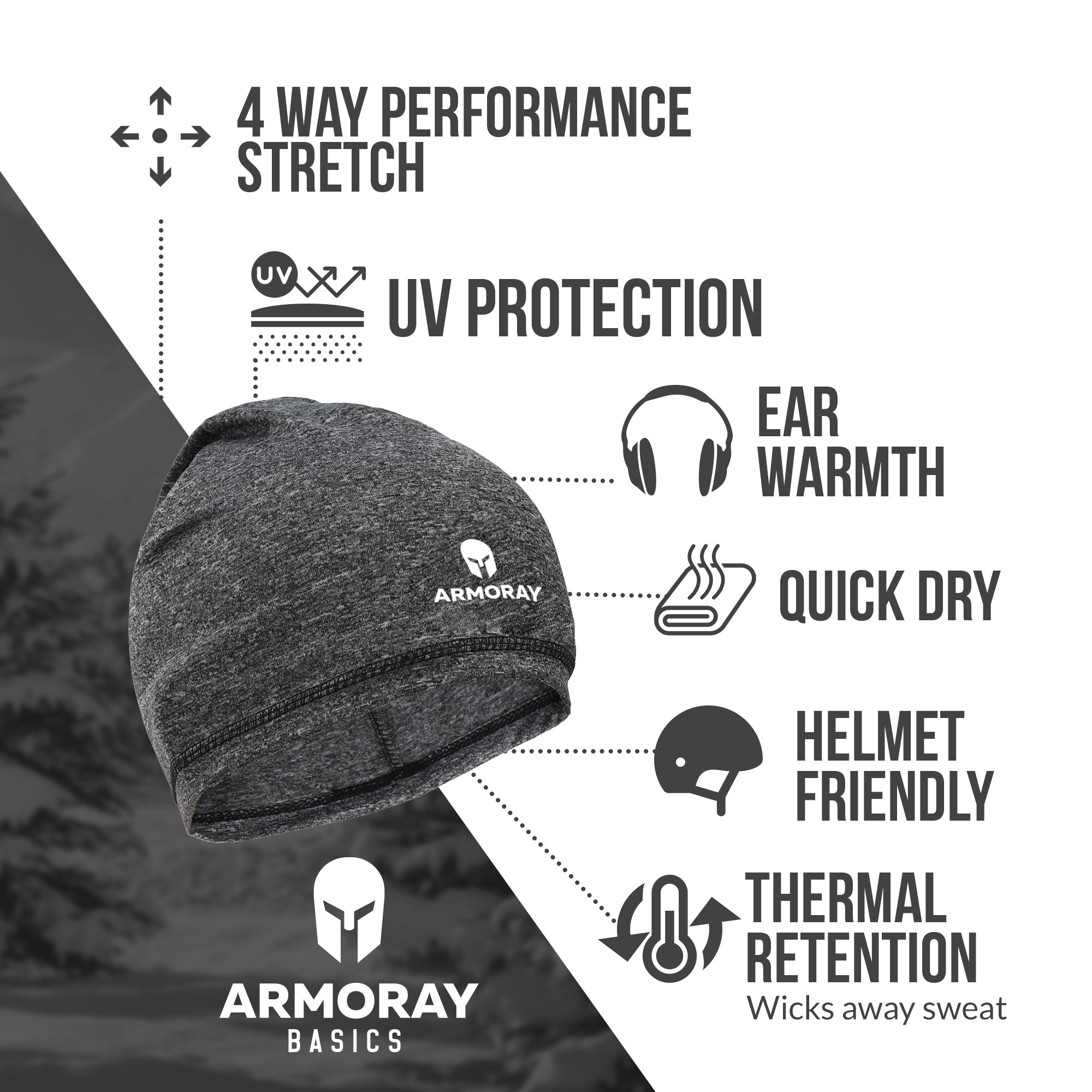 ARMORAY Basics Armoray® Performance Skull Cap shown with icons for 4-way stretch, UV protection, ear warmth, quick dry, helmet liner fit, and thermal retention—perfect as a cold-weather essential skull cap.