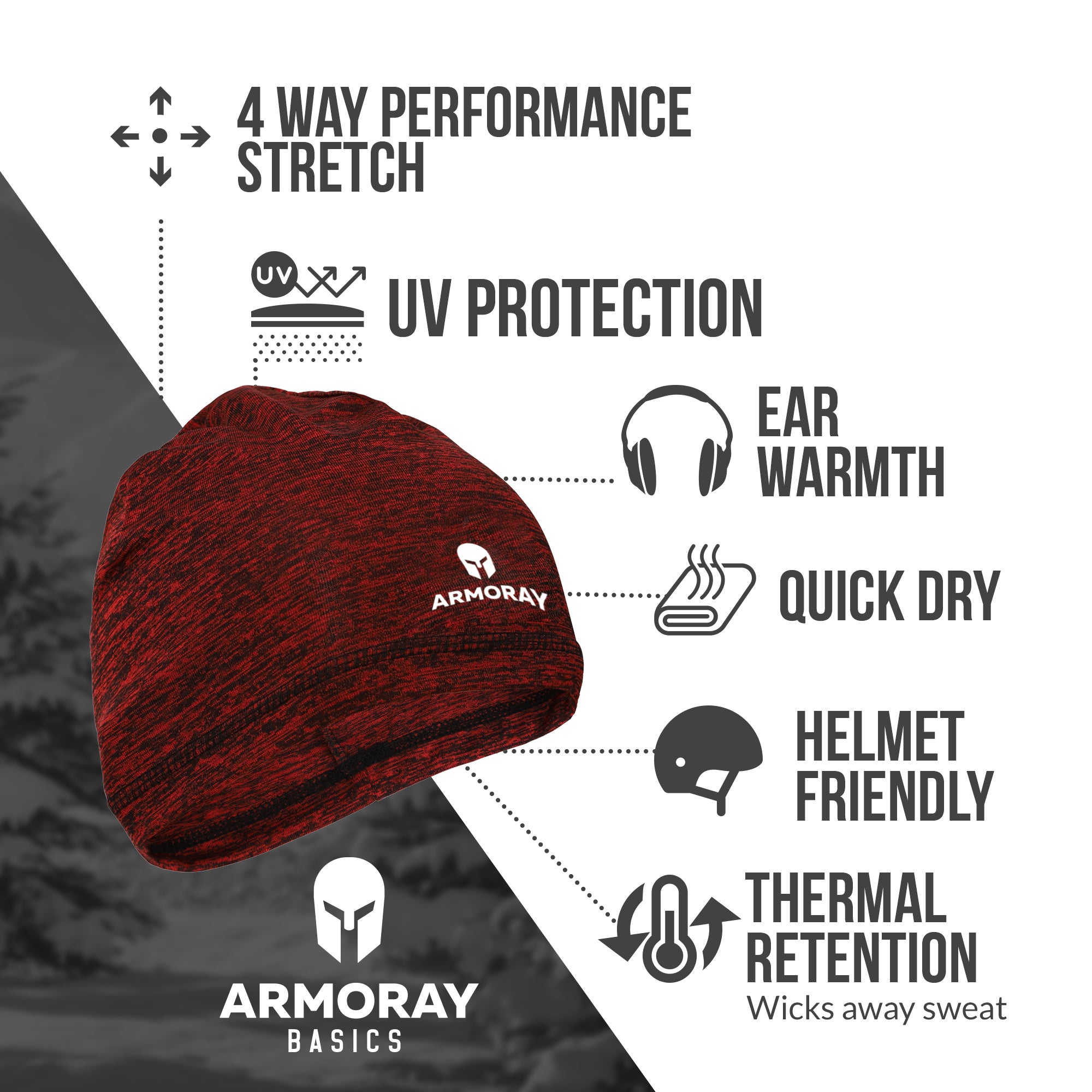 The Armoray® Performance Skull Cap by ARMORAY Basics, shown in red, features 4-way stretch, UV protection, ear warmth, quick dry fabric, thermal retention for cold weather, and is helmet friendly.