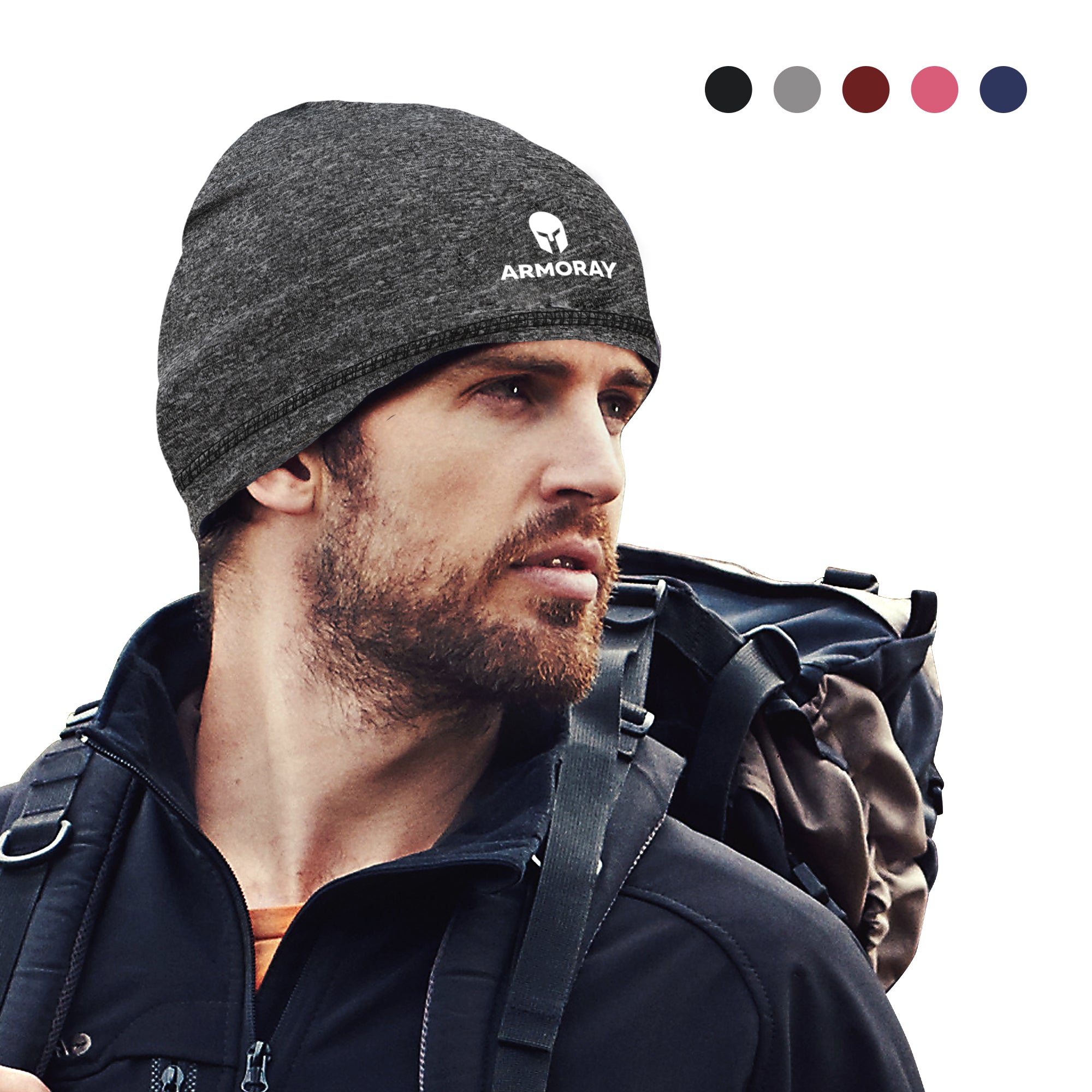 A bearded man wearing the Armoray® Performance Skull Cap by ARMORAY Basics and a backpack looks to the side; five color swatches appear in the upper right corner.