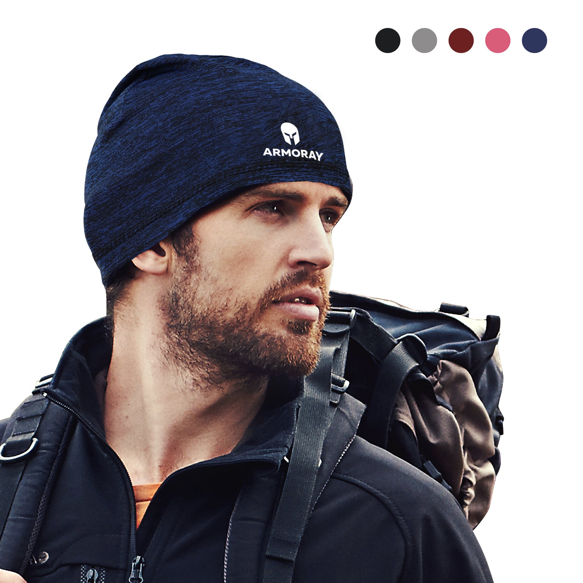 A man wears the Armoray® Performance Skull Cap from ARMORAY Basics in dark blue with a black jacket and backpack; great as a helmet liner for cold weather. Five color options are displayed in swatches at the top right.