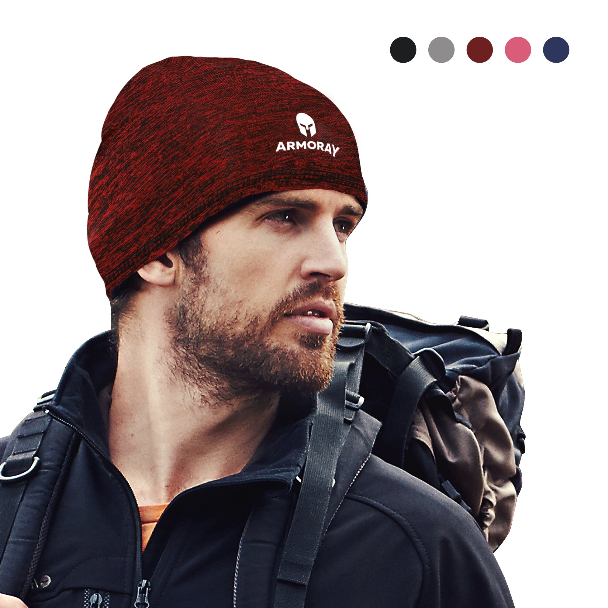 A man wears the Armoray® Performance Skull Cap from ARMORAY Basics with a red color and logo, styled as a versatile cold-weather helmet liner. Available color options are shown as circles at the top right.