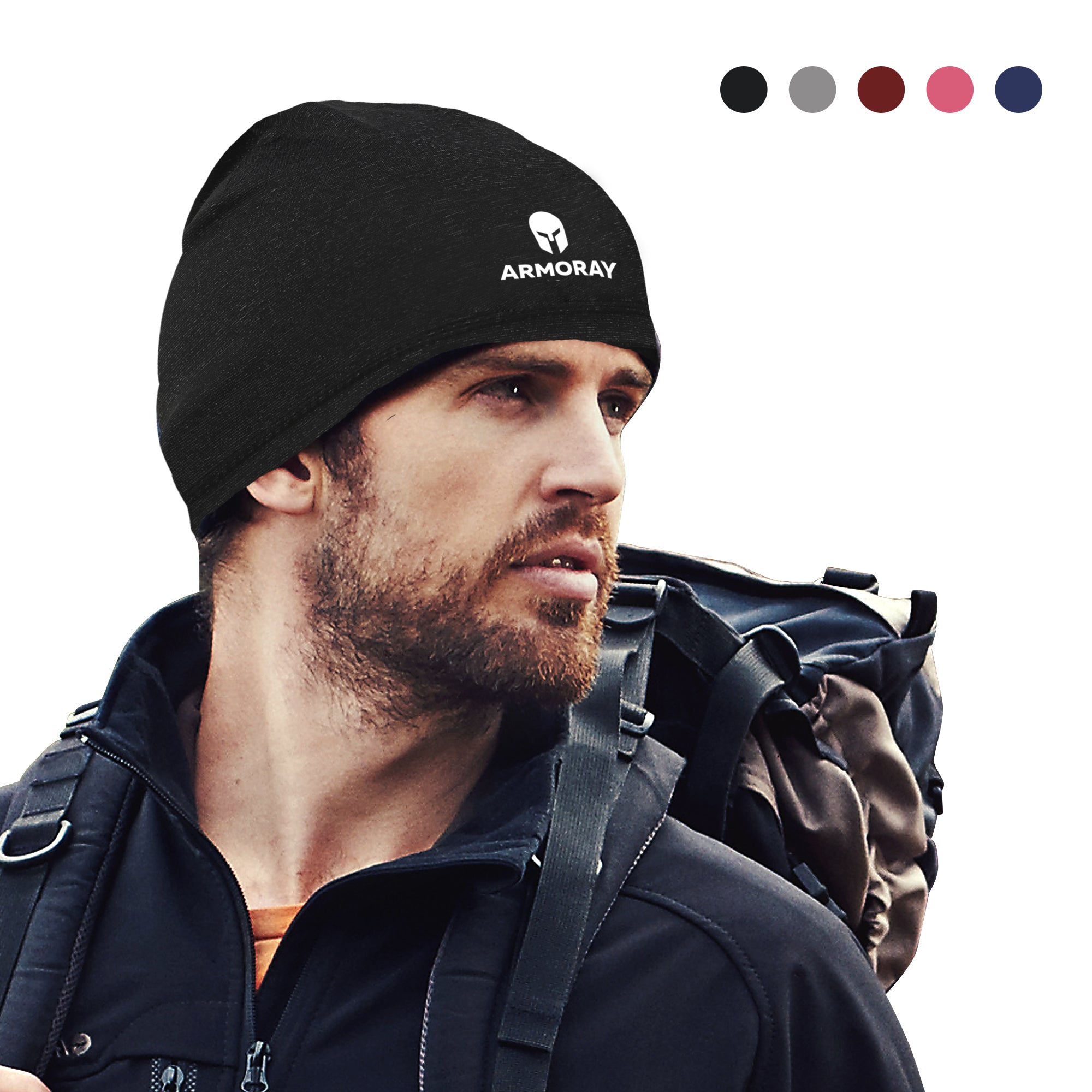 A man wears the Armoray® Performance Skull Cap from ARMORAY Basics and a backpack—perfect as a cold-weather helmet liner. Five color options for the beanie appear in the top right corner.