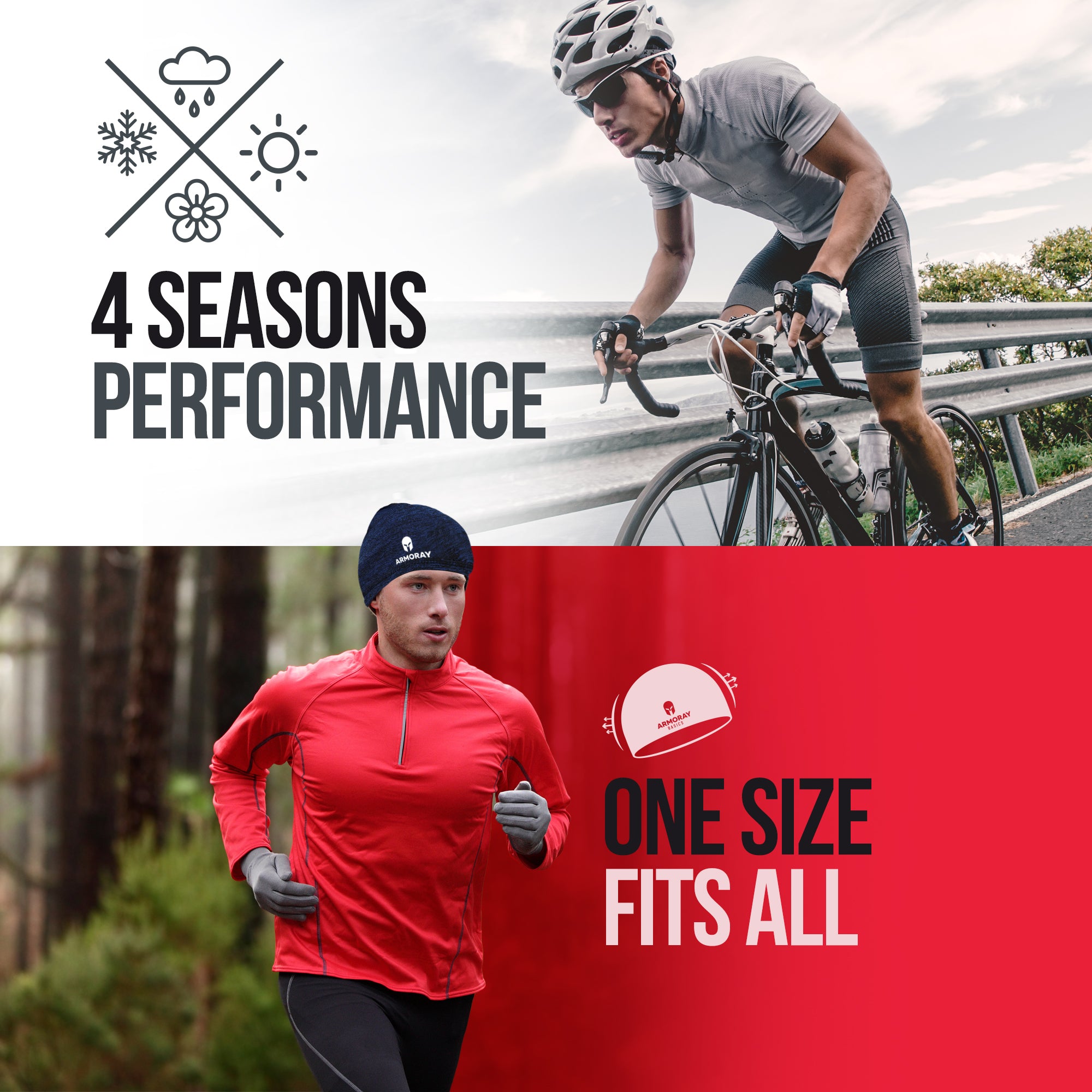 A cyclist wears the Armoray® Performance Skull Cap by ARMORAY Basics above "4 Seasons Performance"; below, a runner in red with "One Size Fits All," ideal cold-weather comfort for any activity.