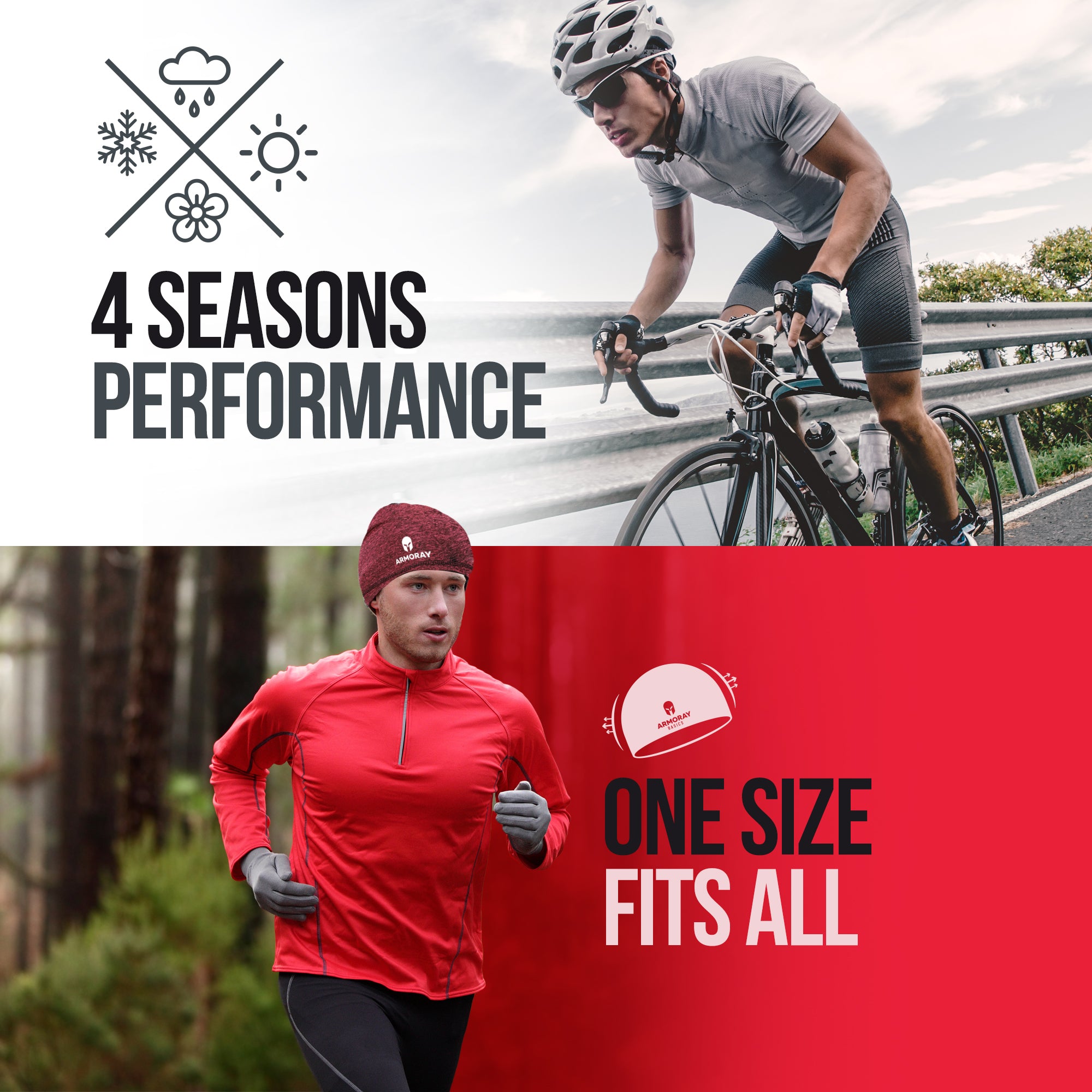 A cyclist rides above the text "Armoray® Performance Skull Cap — Your Cold-Weather Essential" from ARMORAY Basics; below, a runner in red passes "One Size Fits All" on a bold red background.