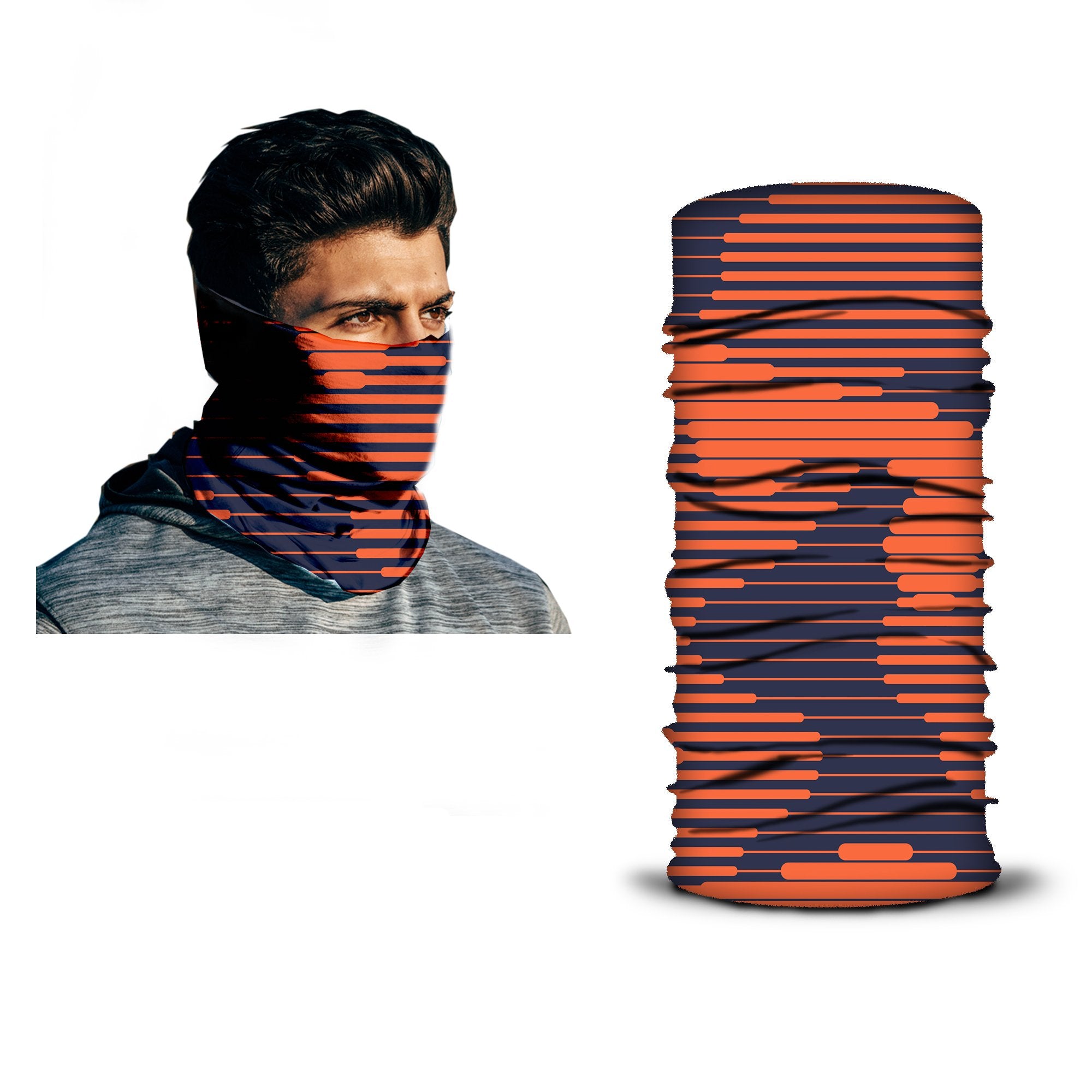 A man wears an orange and dark blue striped ARMORAY Armoray® Bandana — Designed for the Outdoors; the same rugged bandana is displayed separately to the right, showcasing its sweat-resistant design.