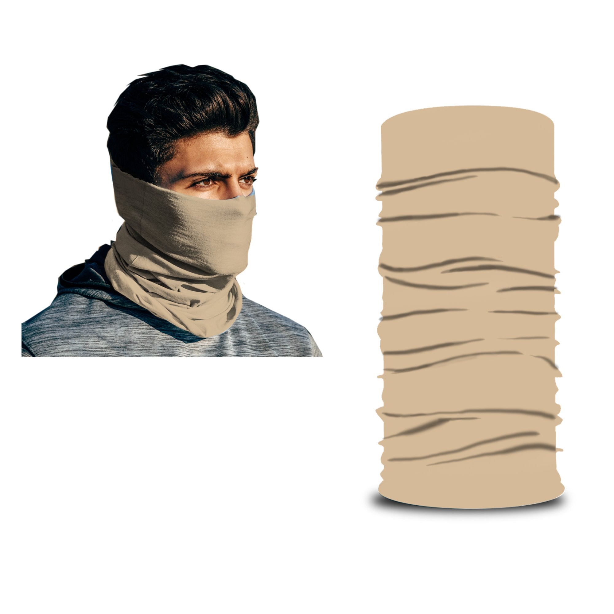 A man wears a beige ARMORAY Armoray® Bandana — Designed for the Outdoors, covering his neck and lower face to demonstrate the sweat-resistant bandana’s versatile protection. Next to him is a standalone image of the same beige Armoray® Bandana.