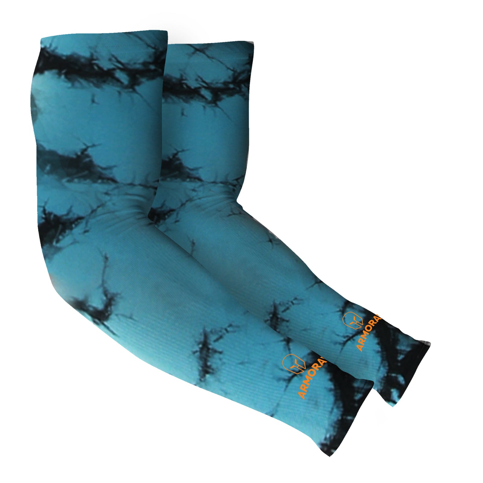 A pair of blue and black tie-dye Armoray® Designer Arm Sleeves by ARMORAY Basics, featuring an orange "ARORA" logo near the wrist and offering UPF 50+ sun protection.