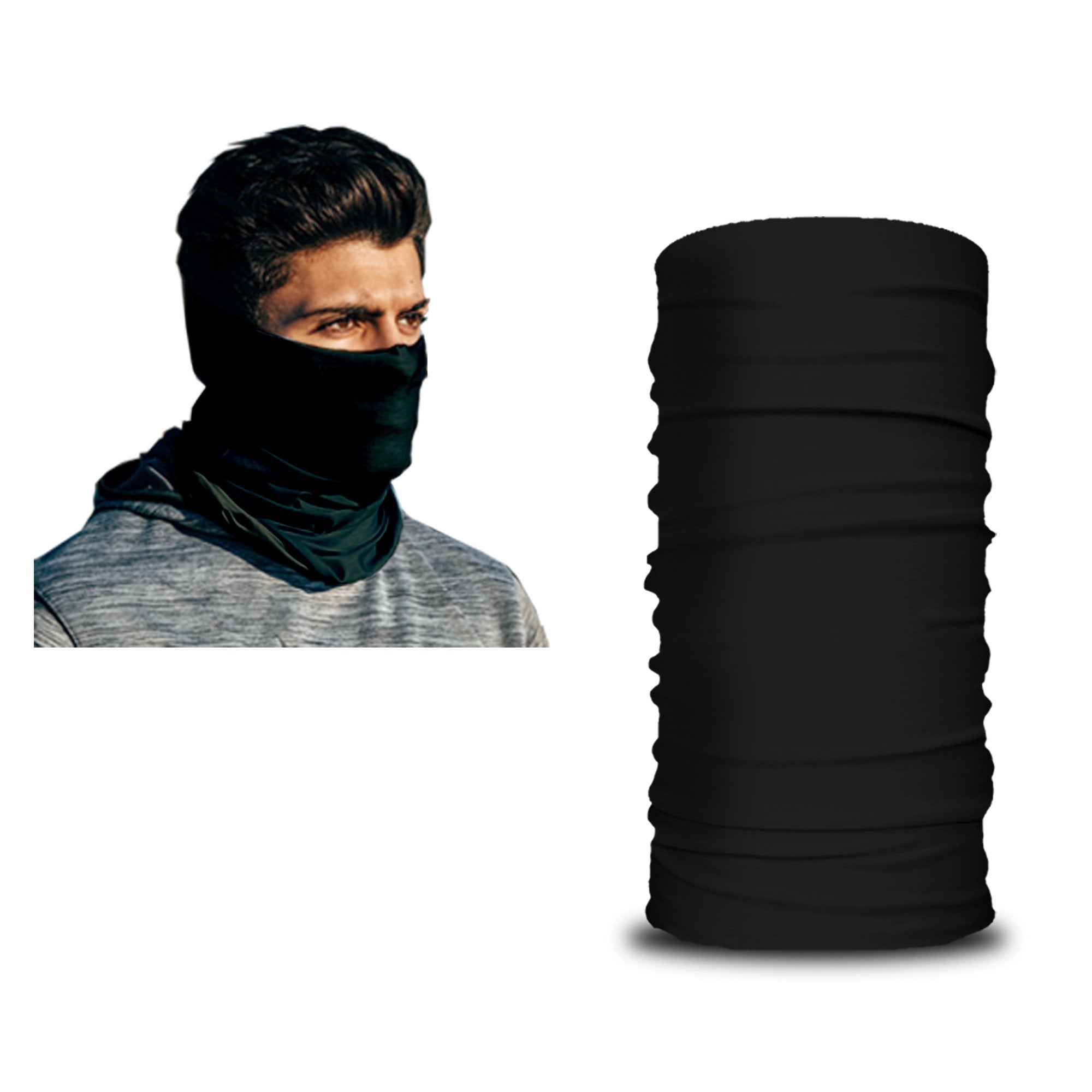 A man wearing an Armoray® Bandanas — Designed for the Outdoors black neck gaiter from ARMORAY, covering his nose and mouth, is shown next to a standalone black gaiter on a white background, emphasizing the versatile, sweat-resistant design ideal for rugged outdoor use.