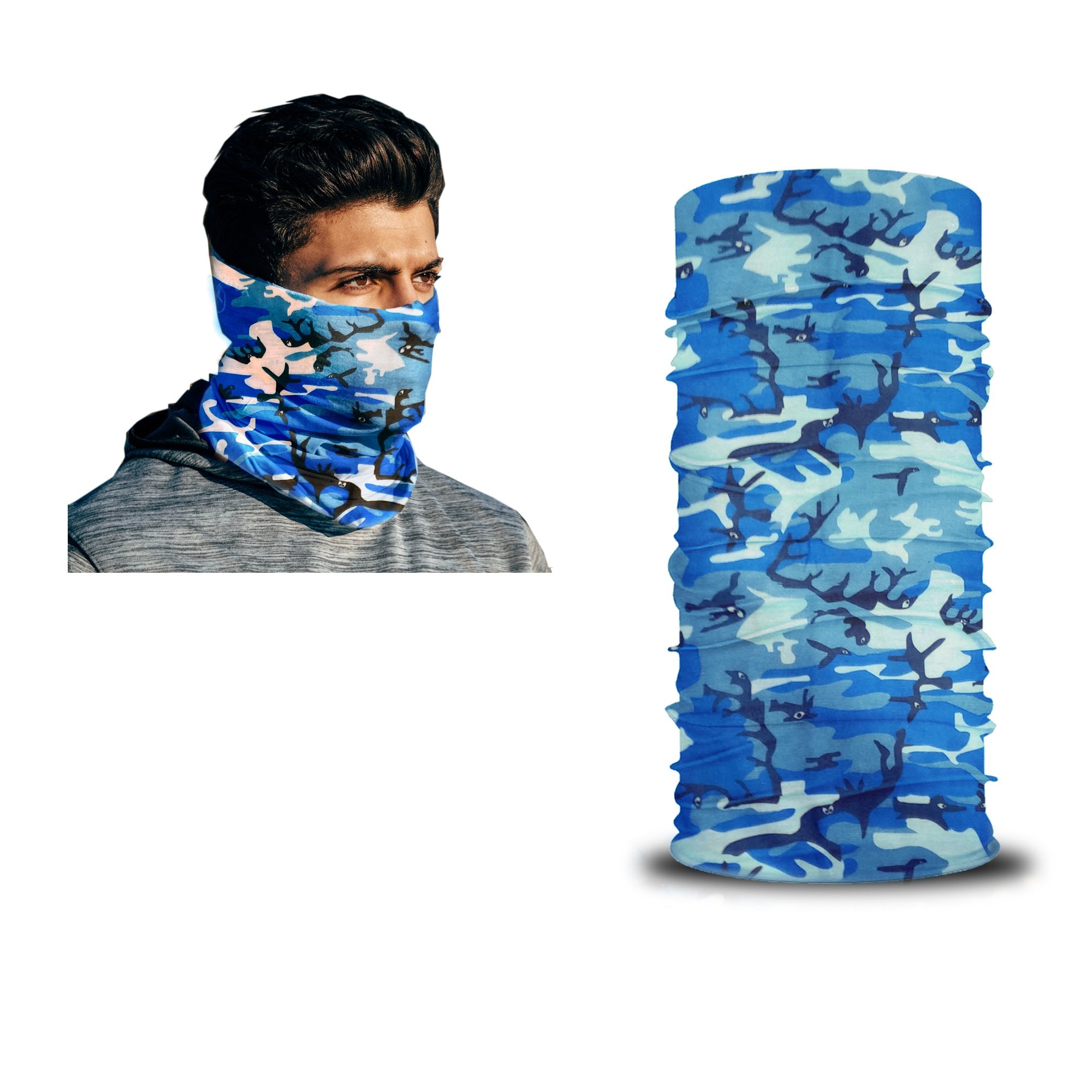 On the left, a person wears the ARMORAY Armoray® Bandanas — Designed for the Outdoors in blue camouflage; on the right, the same durable bandana from ARMORAY is displayed fully extended and upright.