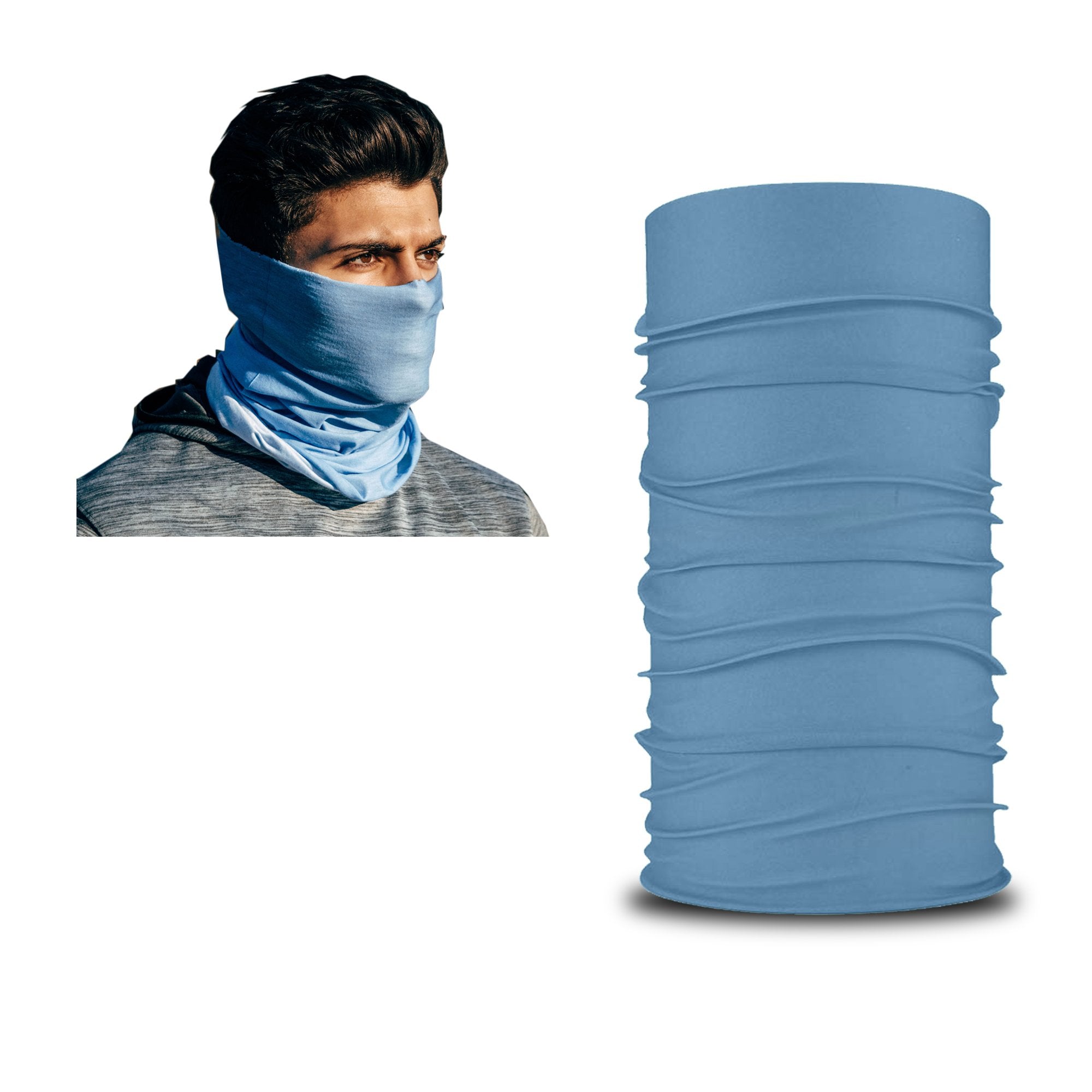 A man is wearing a light blue ARMORAY Armoray® Bandana—Designed for the Outdoors—that covers his neck and lower face, shown beside an image of the rugged bandana laid flat.